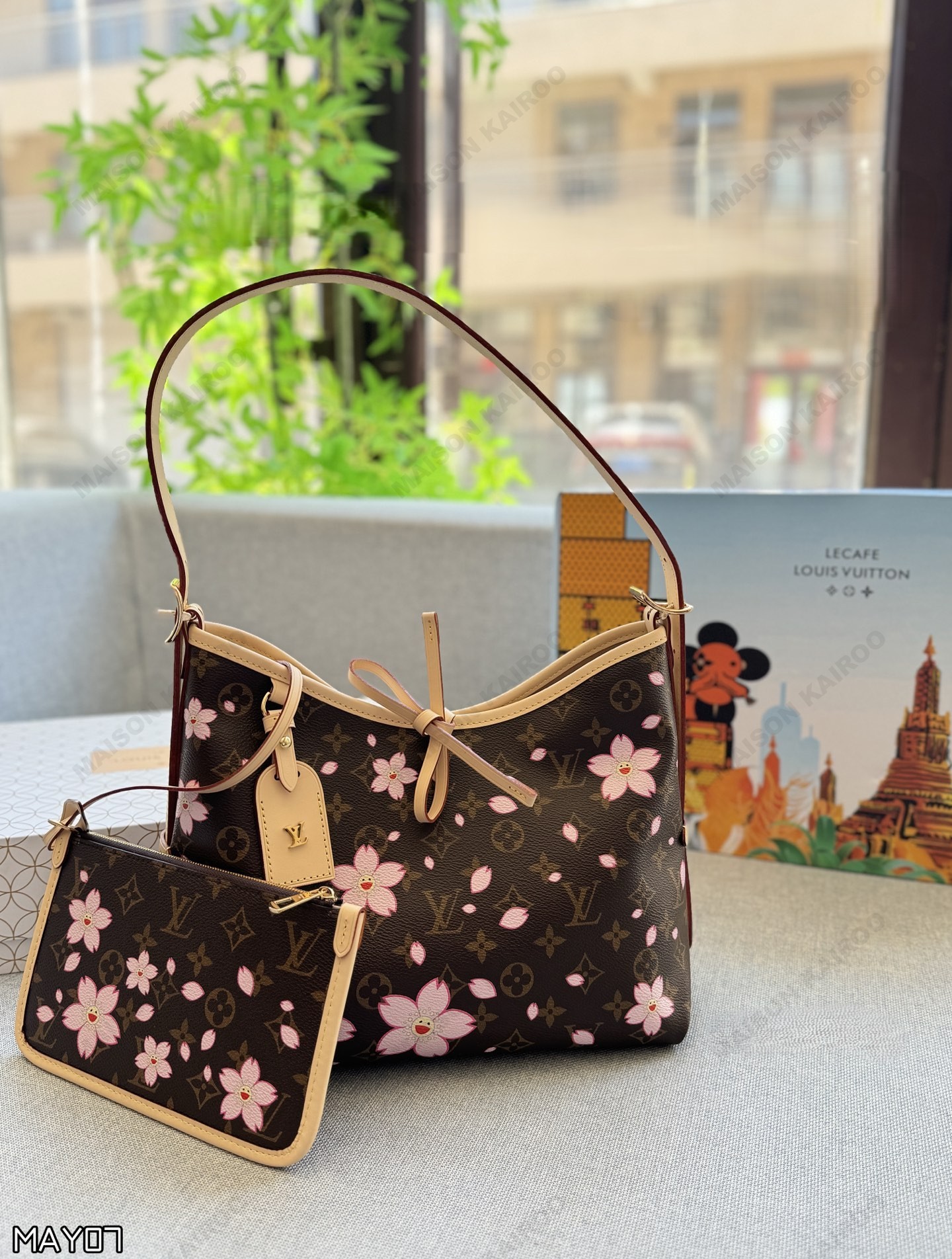 Louis Vuitton LV x TM Carryall PM Cherry Blossom Monogram Canvas Vachetta Leather Hobo Tote Shoulder Bag - KAIROO