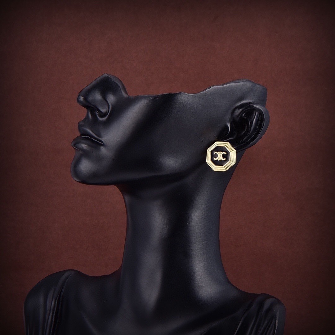 Celine Black Enamel Gold Finish Brass Octagon Triomphe Logo Motif Stud Earrings - KAIROO