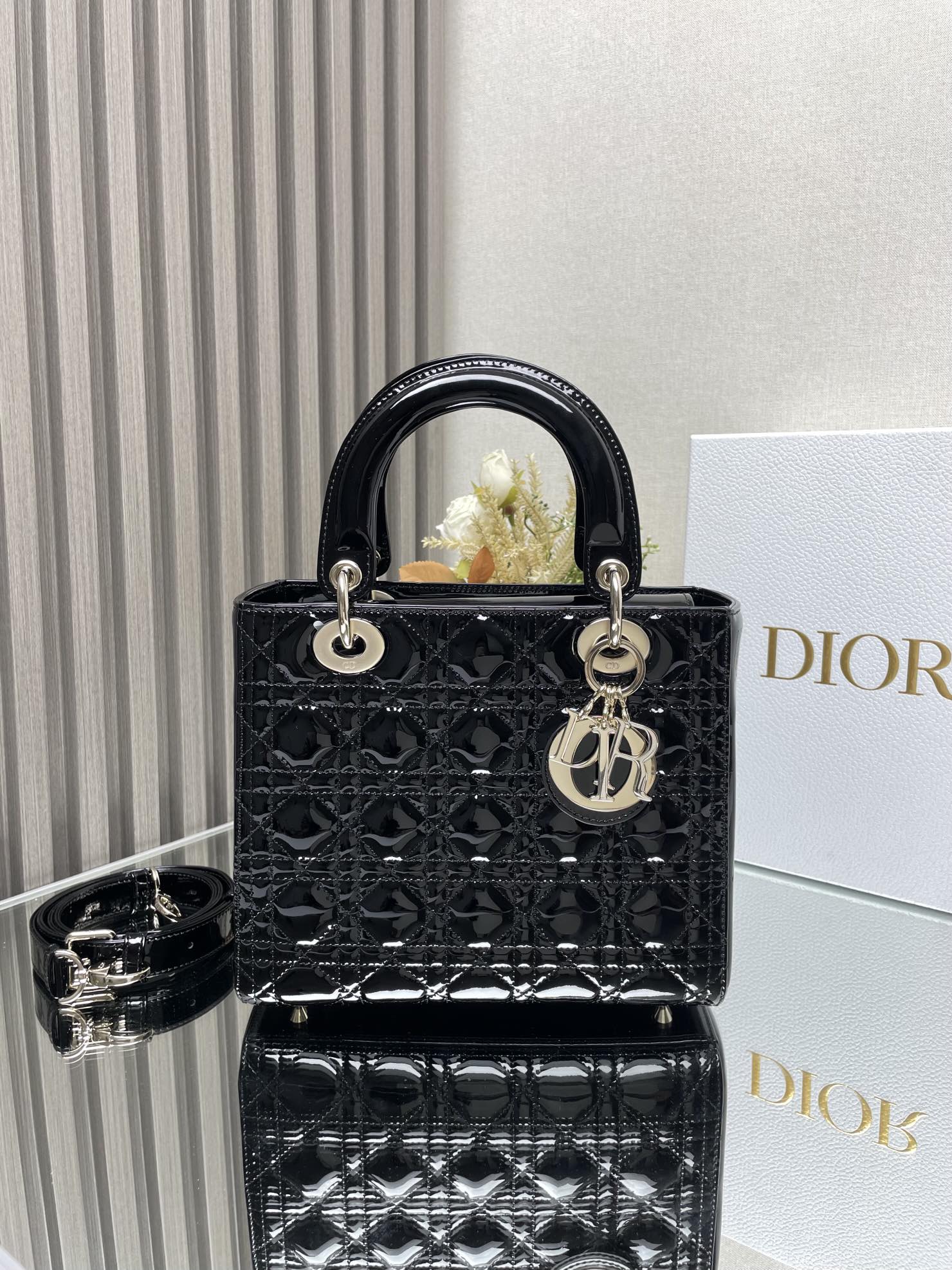 Medium Lady Dior Bag in Black Patent Cannage Leather