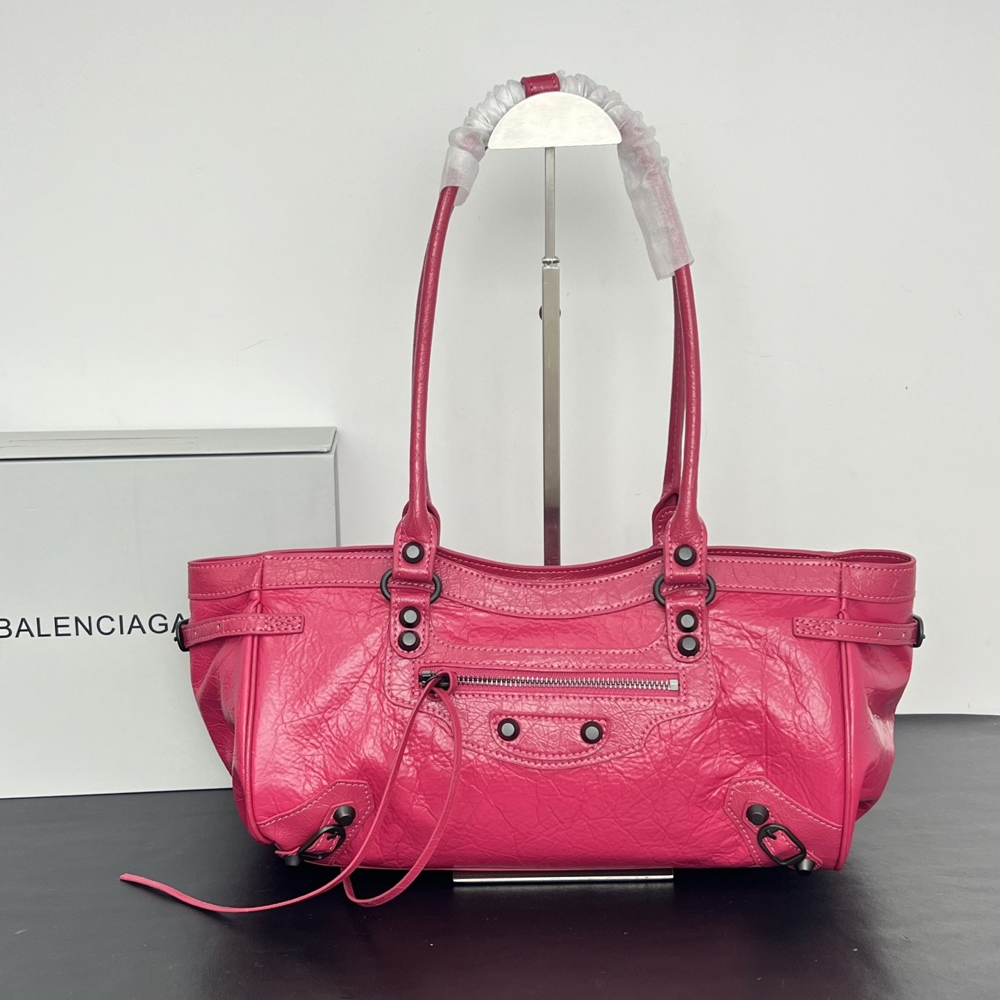 Balenciaga Le City Large Horizontal Soft Crinkled Leather Studded Long Handle Tote City Bag - KAIROO