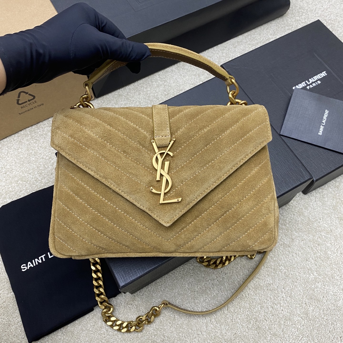 Saint Laurent Golden College Medium Bag in Quilted Suede leather