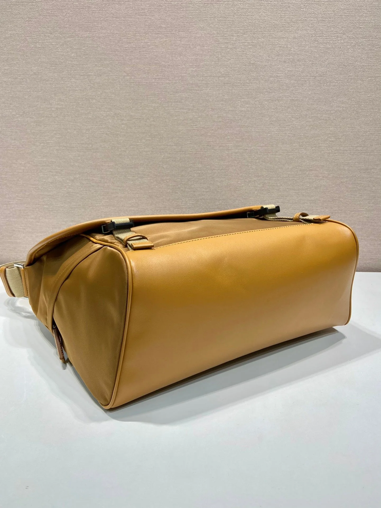 Prada LARGE FLAP BAG 30 IN CIDER BROWN RE-NYLON AND CALFSKIN TRIM