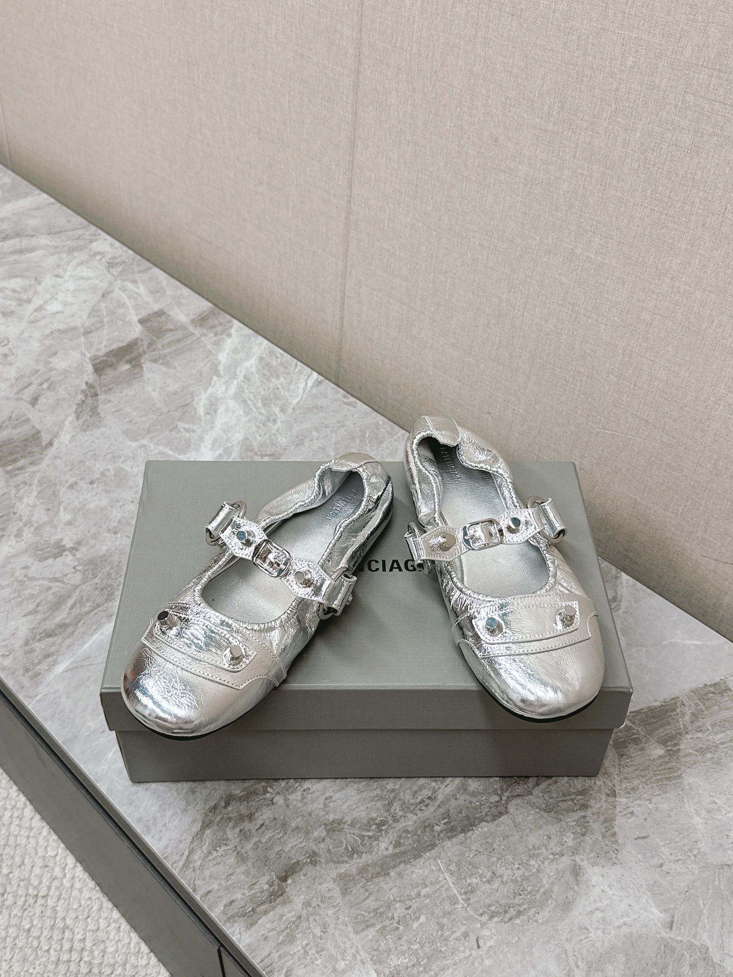 Balenciaga Cagole Silver Arena Leather Studded Buckle Strap Moto Mary Janes Ballerina Flats - KAIROO