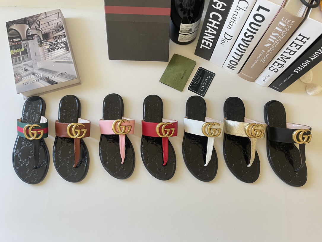 Gucci Upgraded Marmont GG Footbed Hardware &Web Stripe Leather Flat Slides Thong Sandals - KAIROO