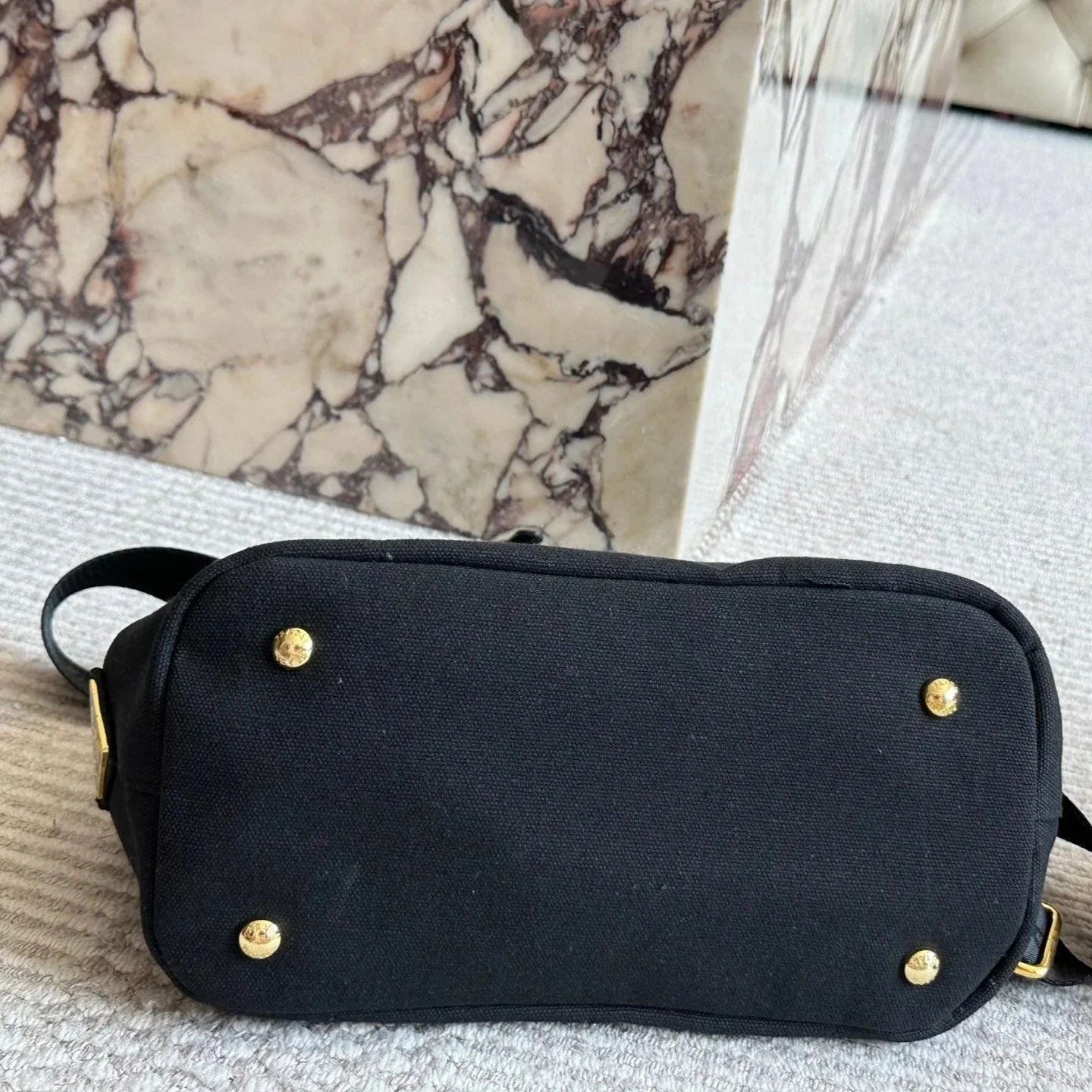 Prada EMBROIDED LOGO LARGE HANDBAG 30 IN BLACK LINEN BLEND