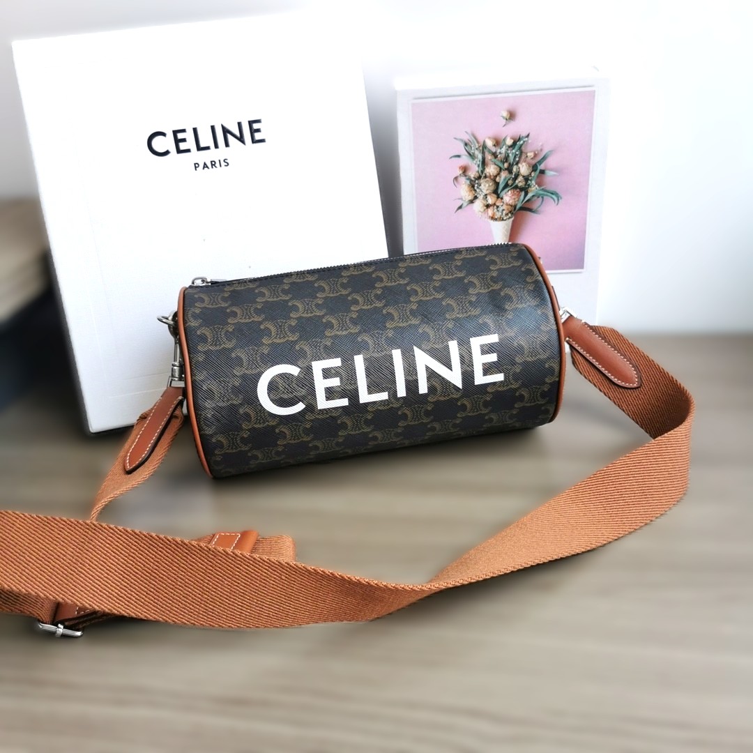Celine Triomphe Canvas White Logo Print Strap Cylinder Duffle Crossbody Bag - KAIROO