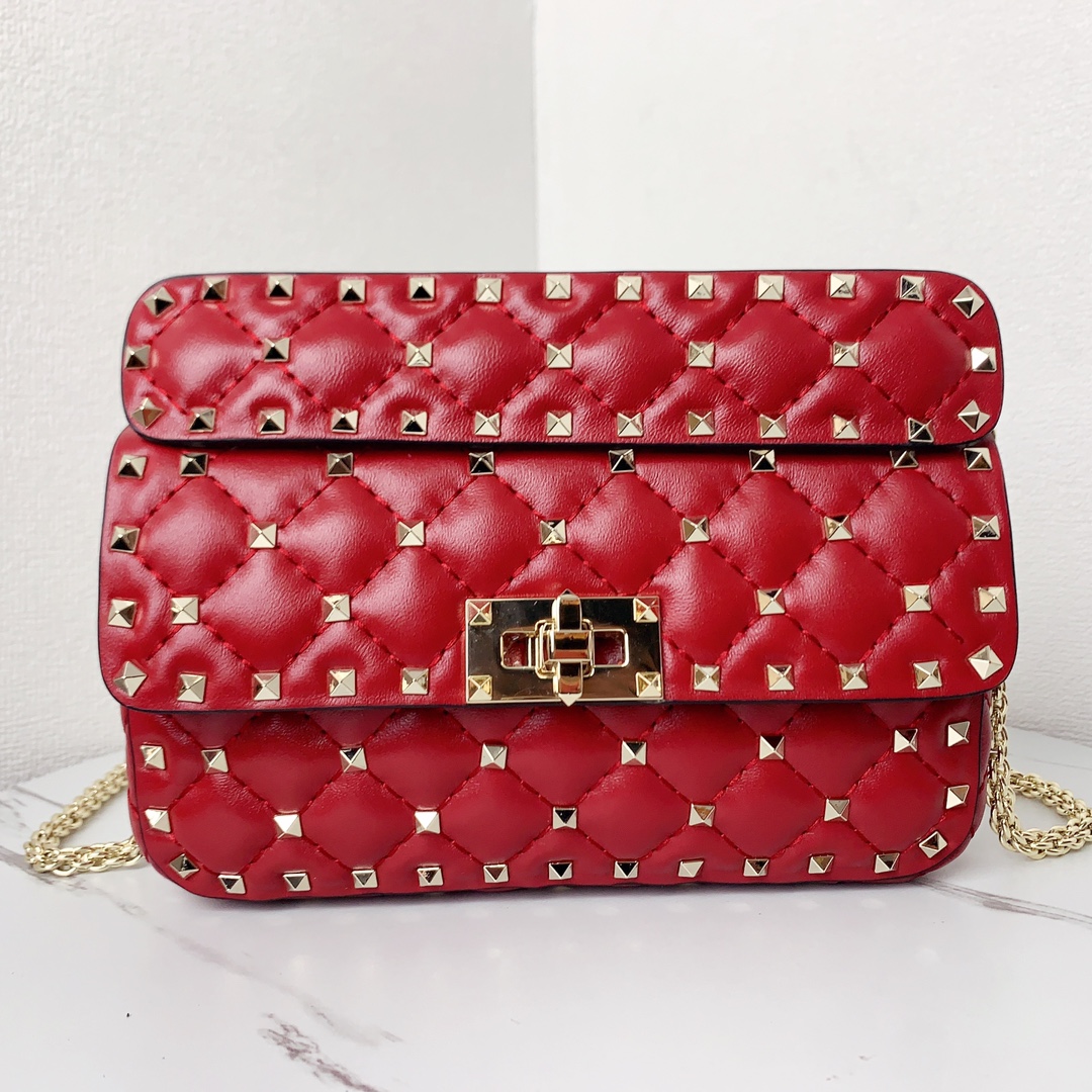 Valentino Classic Spike Medium Shoulder Bag in Lambskin-Red
