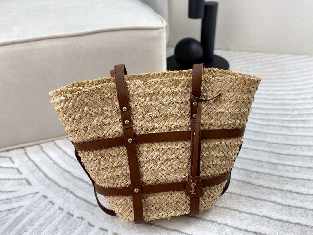 Saint Laurent YSL Woven Raffia Studded Caged Leather Straps Studs Panier Basket Tote Bag - KAIROO
