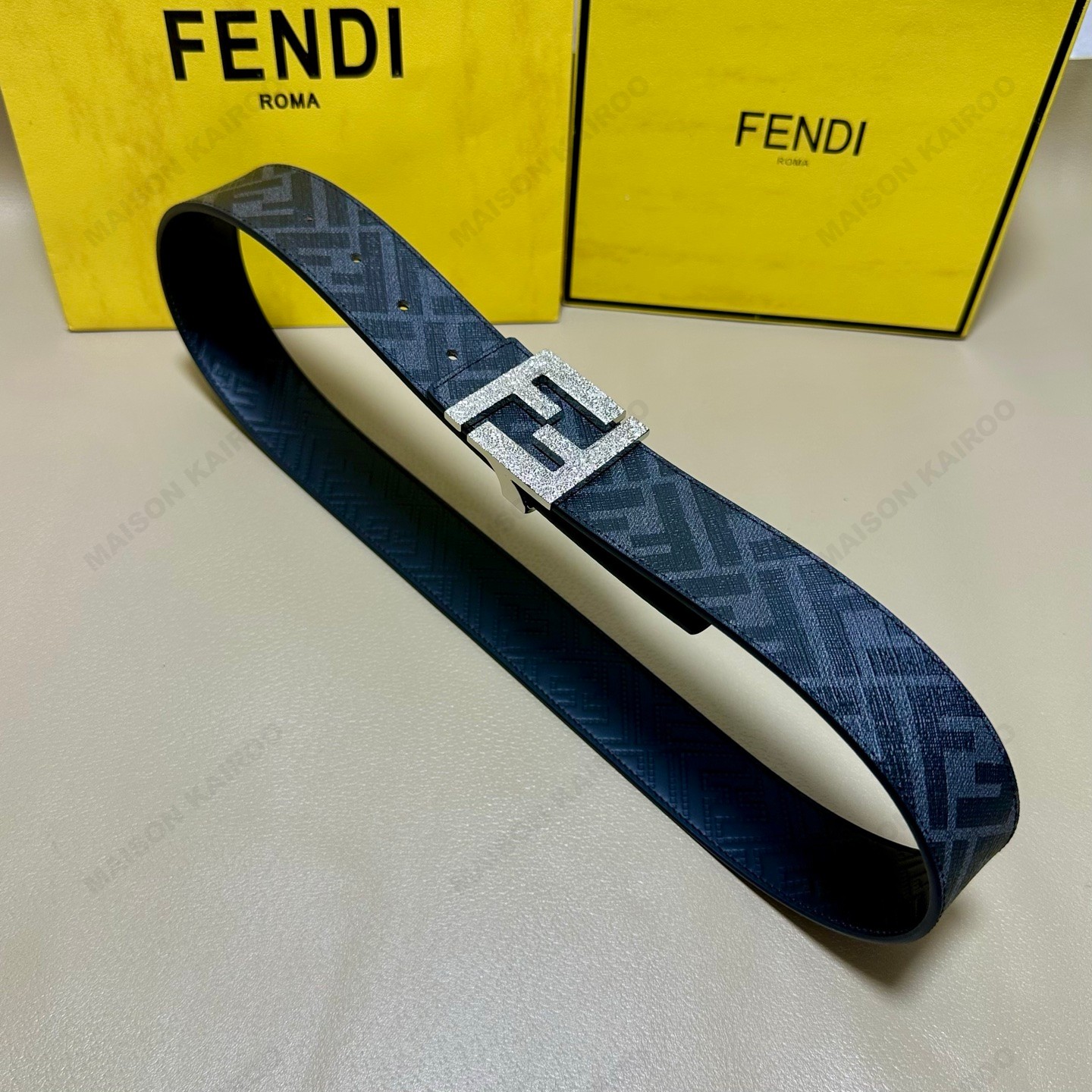 Fendi FF Navy Embossed FF Leather 4.0 Textured Grain/Brushed Reversible Pin Buckle Cuoio Romano Belt - KAIROO
