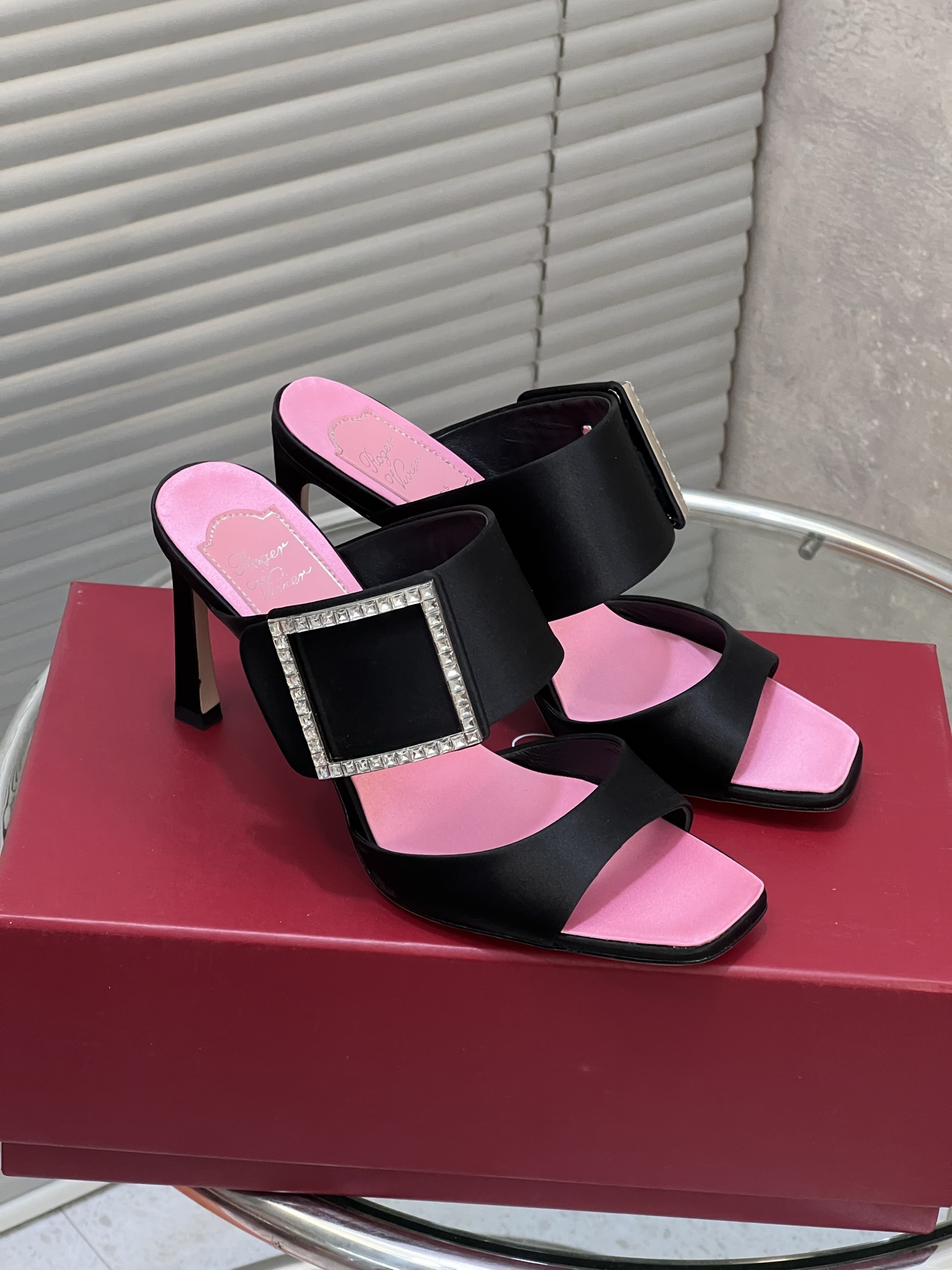 Roger Vivier Classic square buckle peep-toe silk high-heeled sandals
