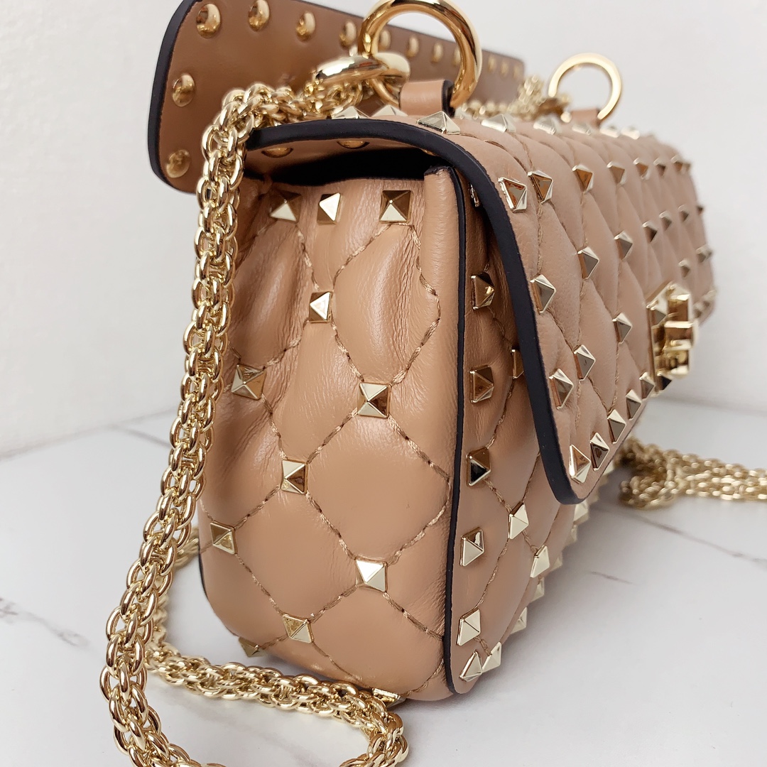 Valentino Classic Spike Medium Shoulder Bag in Lambskin-Beige