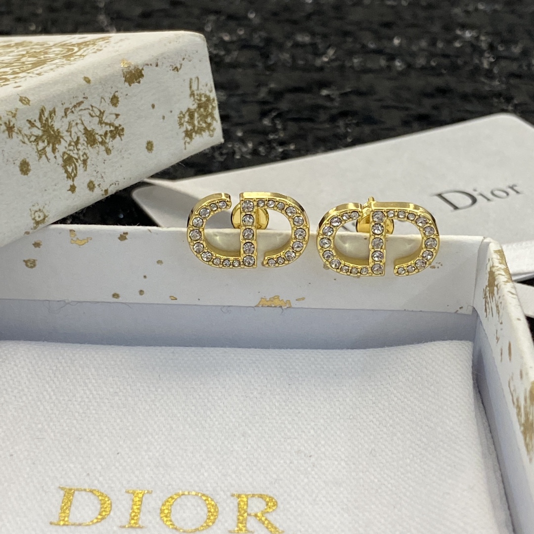 Dior Gold CD Studs with White crystals