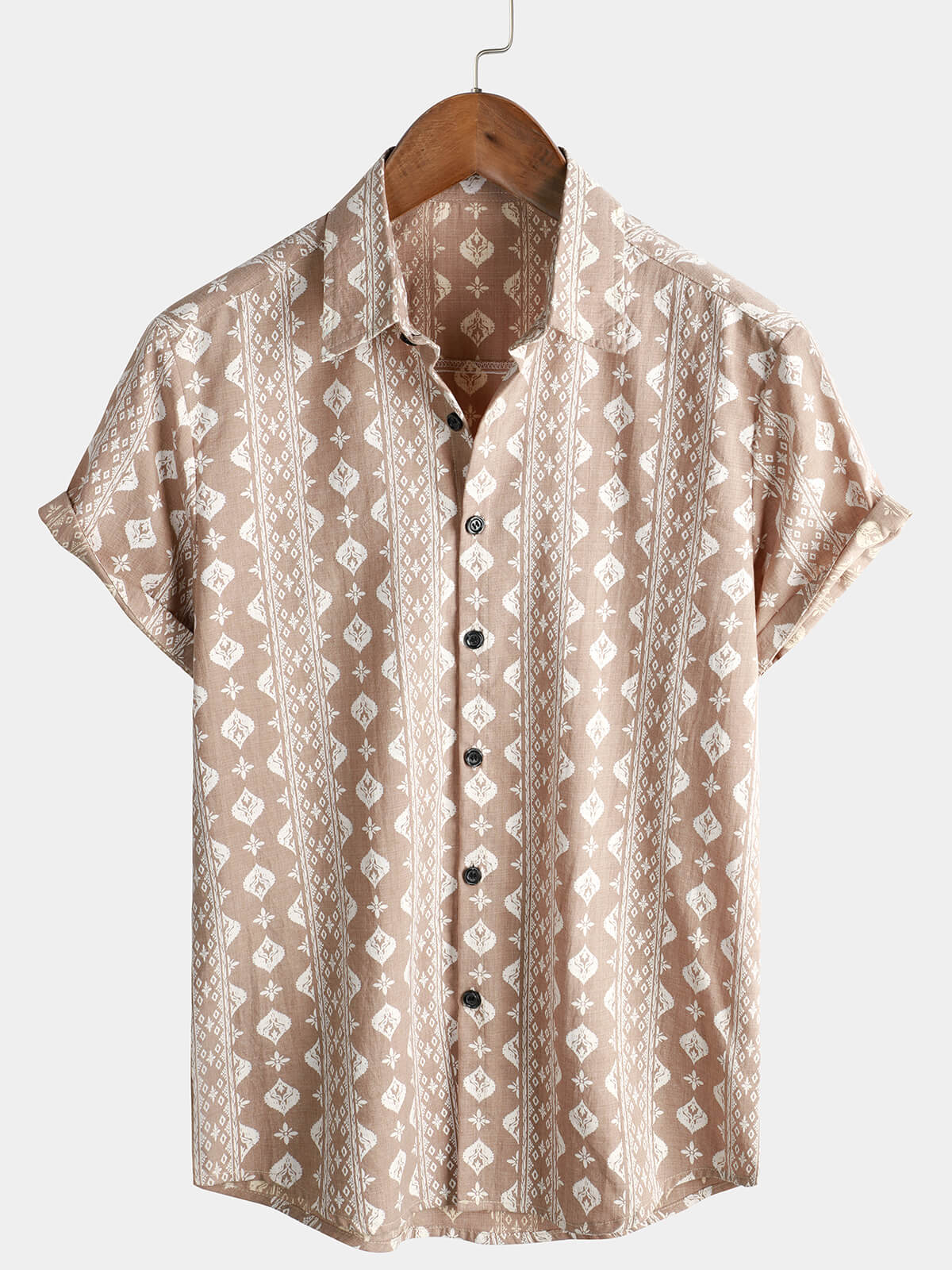 Men's Vintage 70s Brown Striped Retro Cotton Short Sleeve Shirt