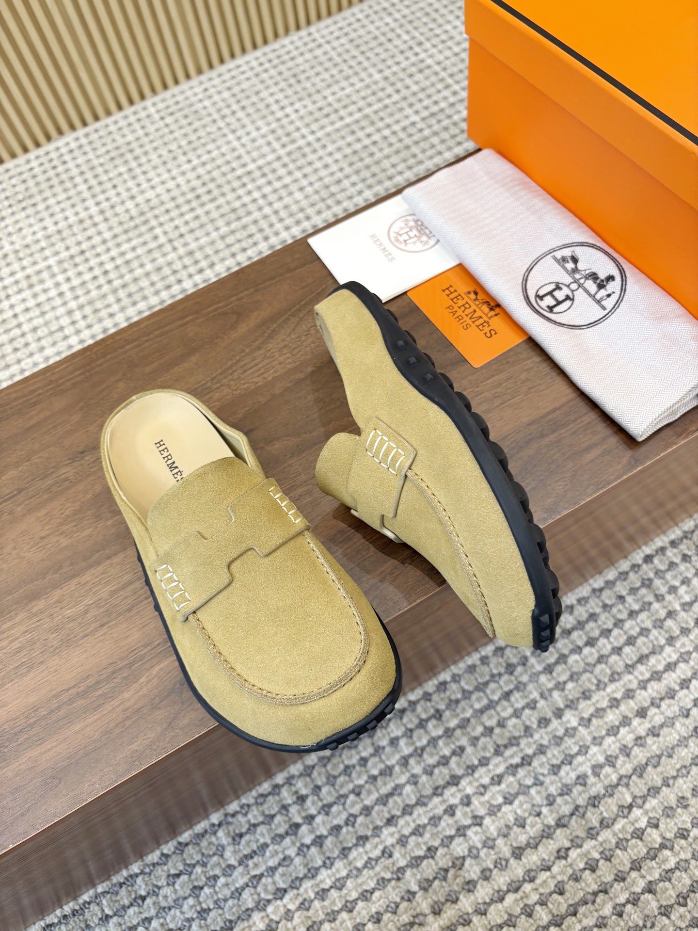 Hermès Beige Argile H Cut-Out Suede Leather Go Loafer Mules - KAIROO