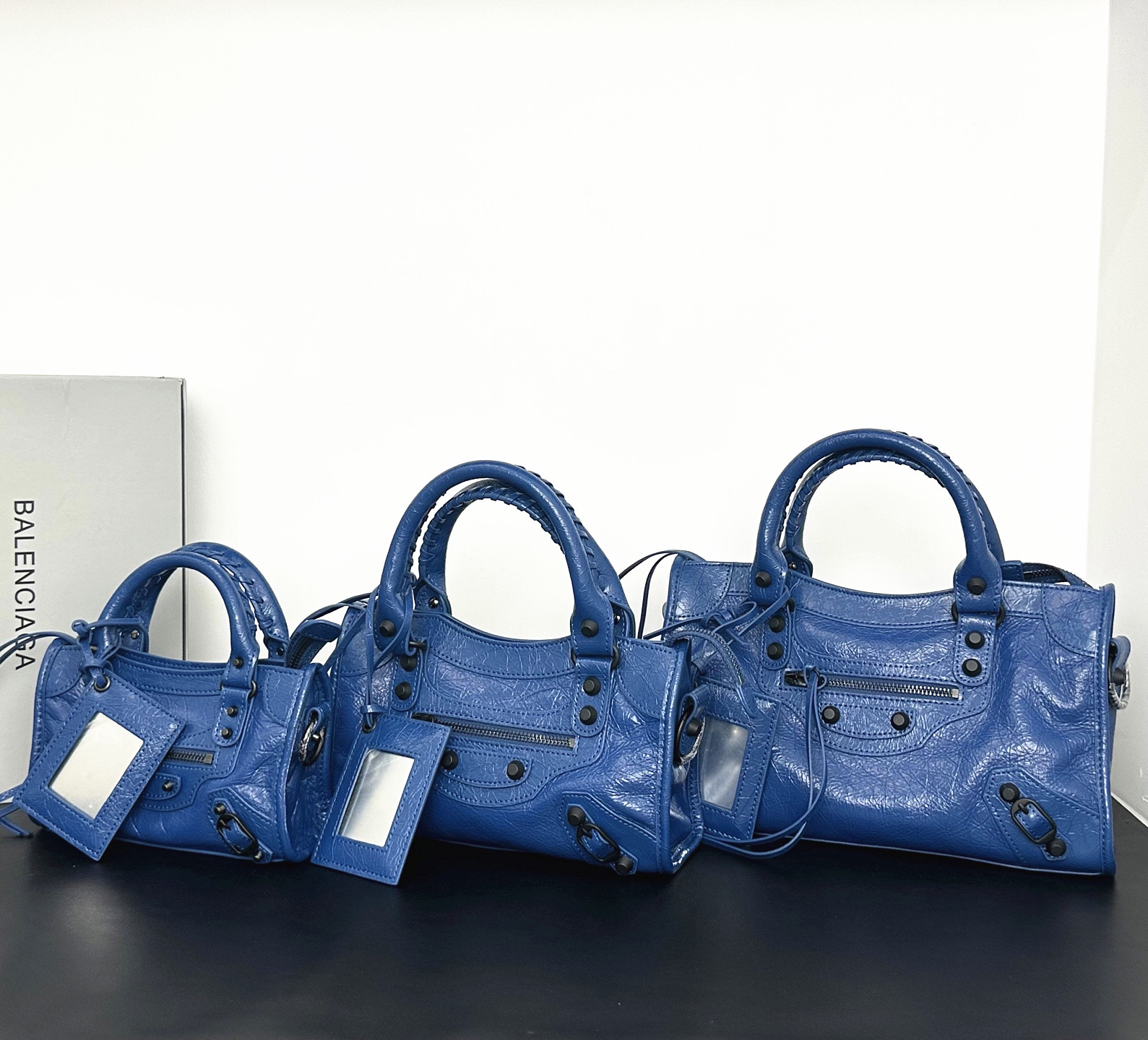 Balenciaga Le City Blue Soft Crinkled Leather Studded Mirror Charm Braided Handle Crossbody Bag - KAIROO