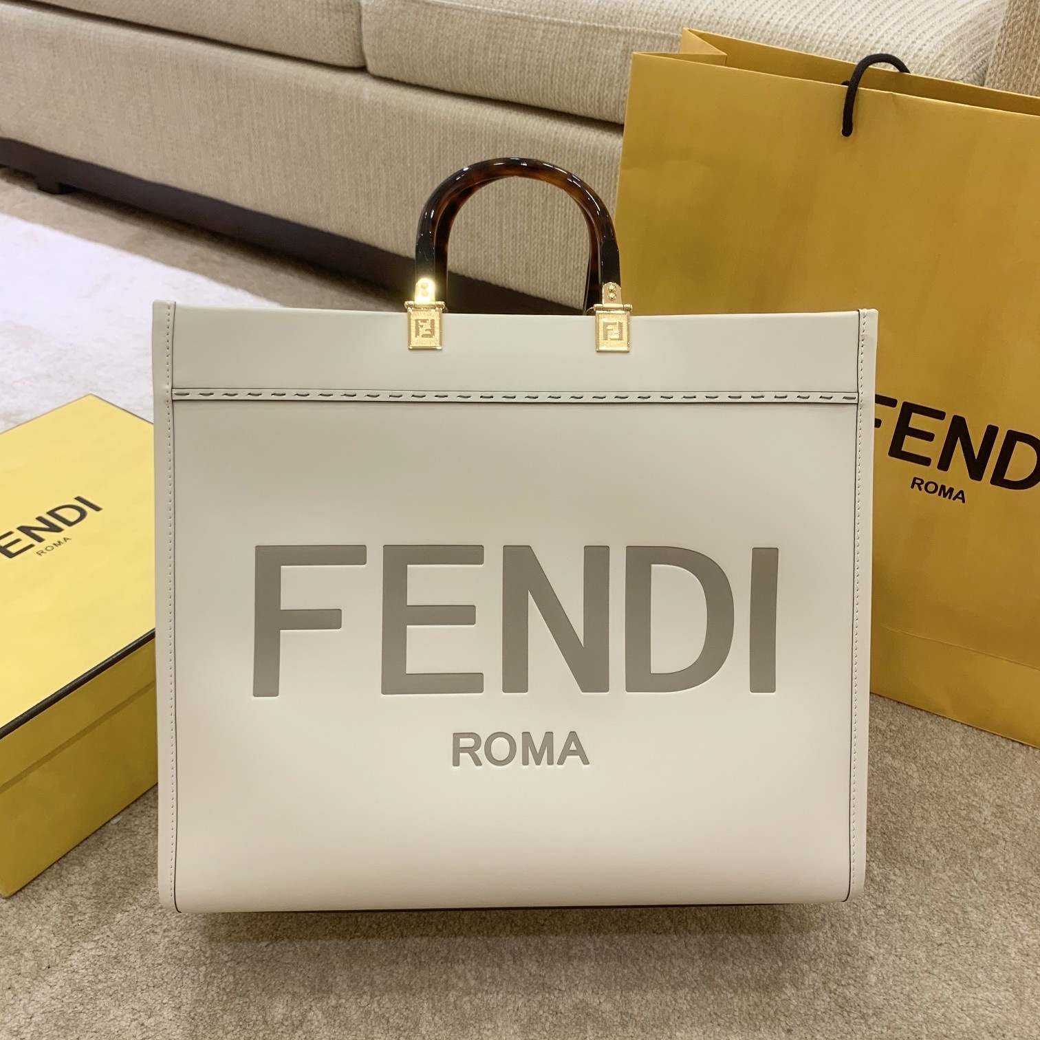 Fendi White Large Sunshine Tote with Tortoiseshell Handles and Roma Logo - KAIROO