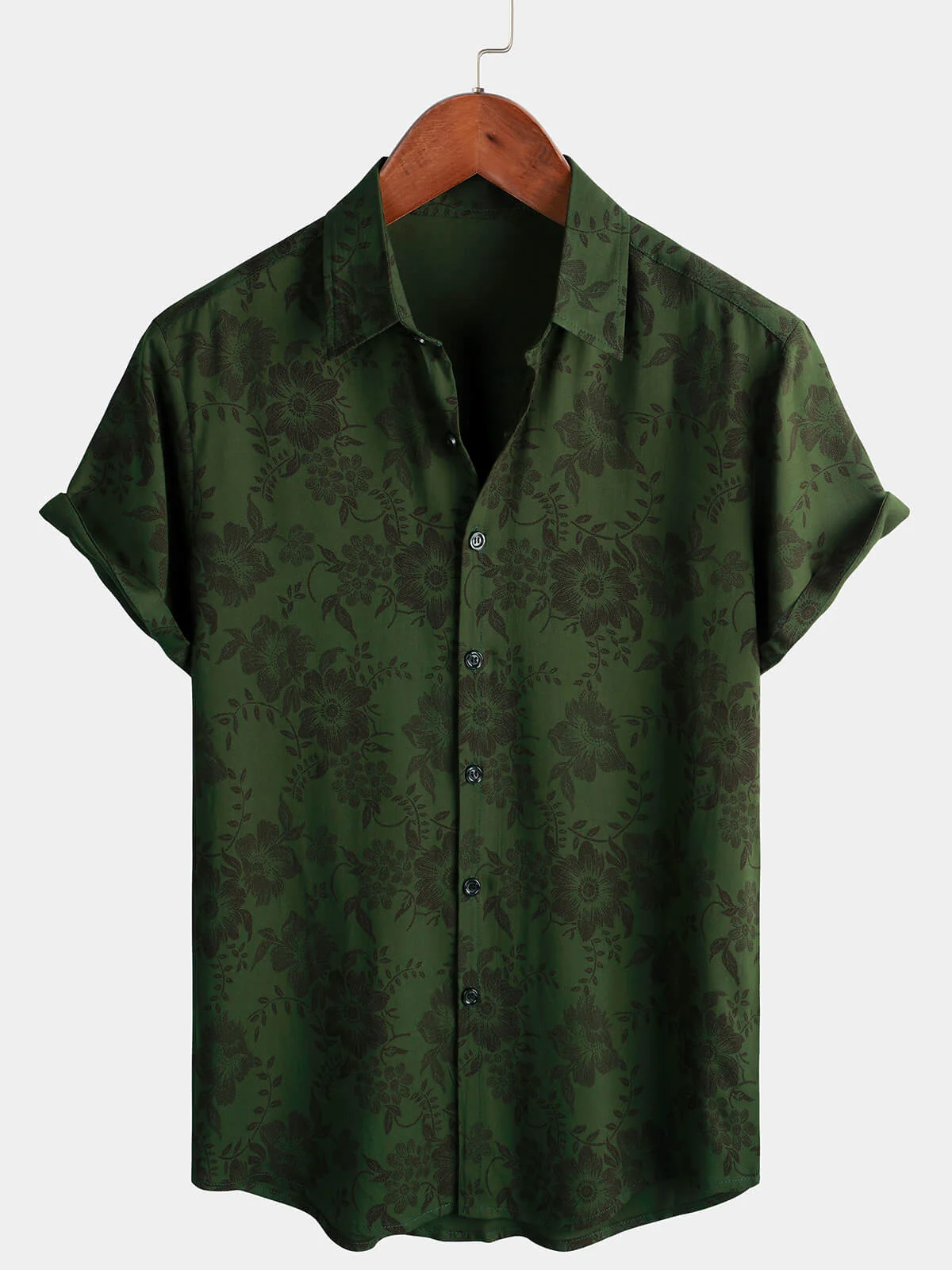 Men's Vintage Dark Green Floral Hawaiian Soft Beach Vacation Button-Up Short Sleeve Shirt