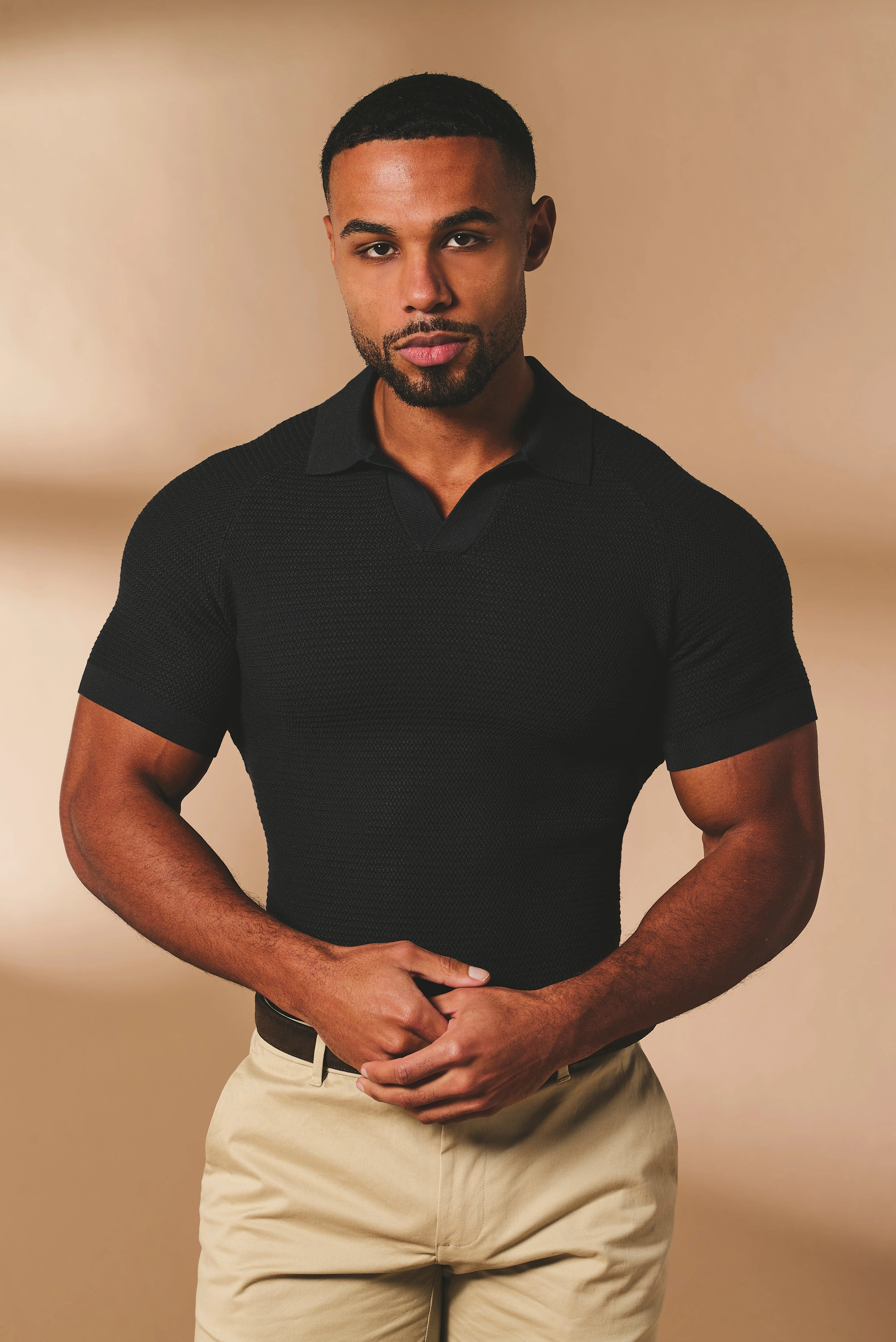 Textured Knitted Open Collar Polo Shirt in Black