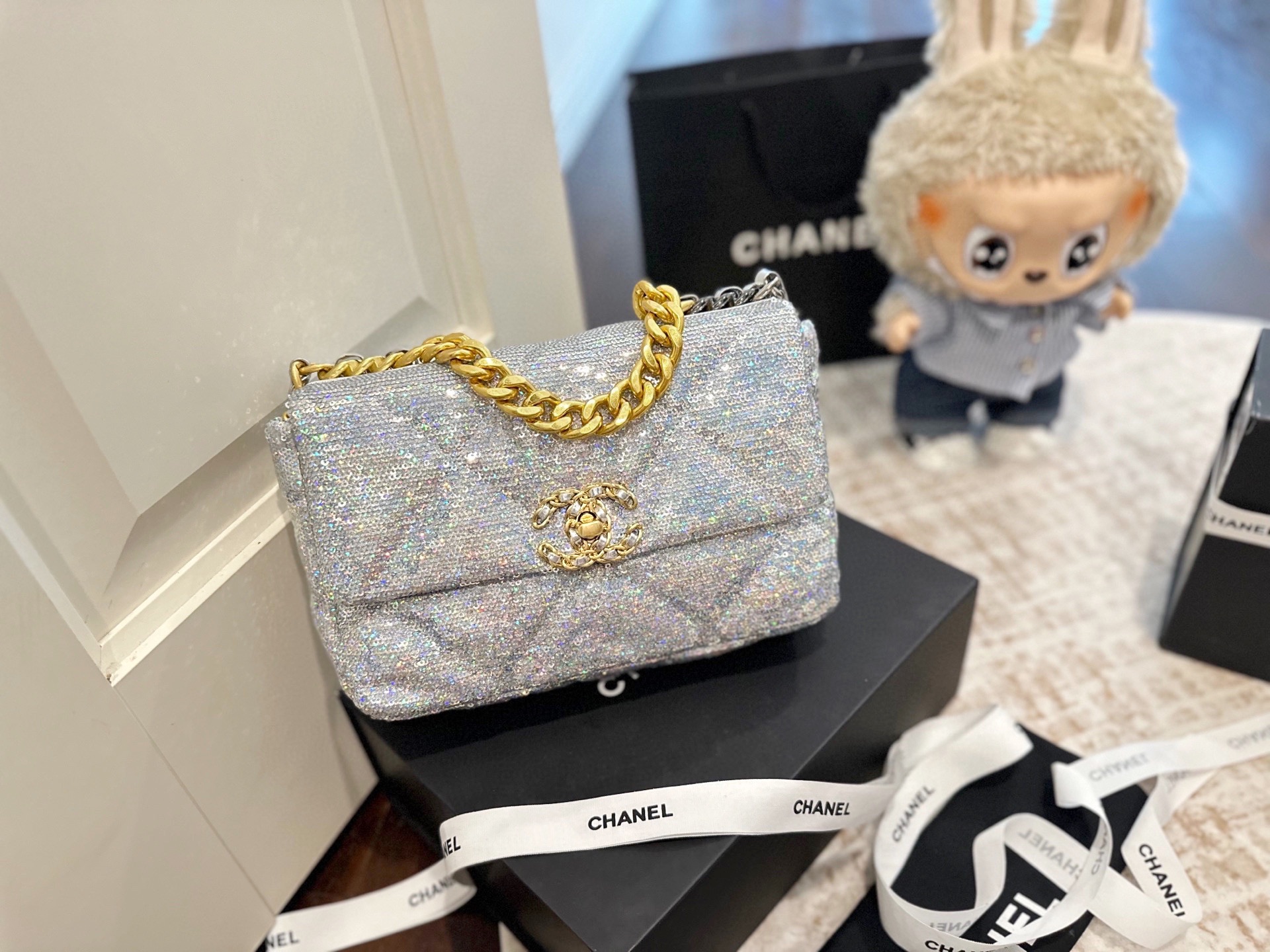 Chanel 19 Woc Sequined Glitter Fabric Crossbody Bag