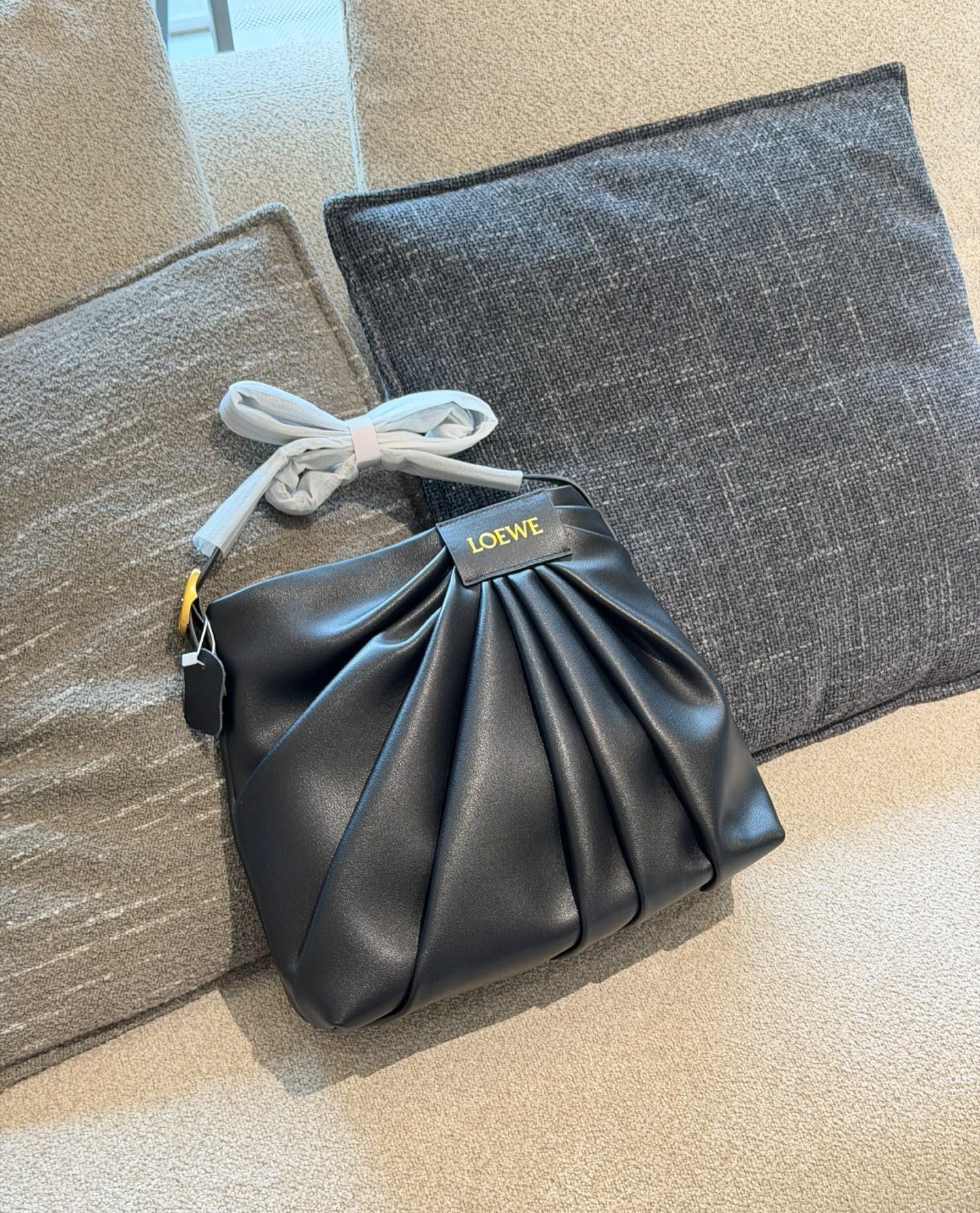 Loewe Paseo Draped Soft Nappa Calfskin Leather Pleated Patch Ruched Bucket Shoulder Tote Bag - KAIROO