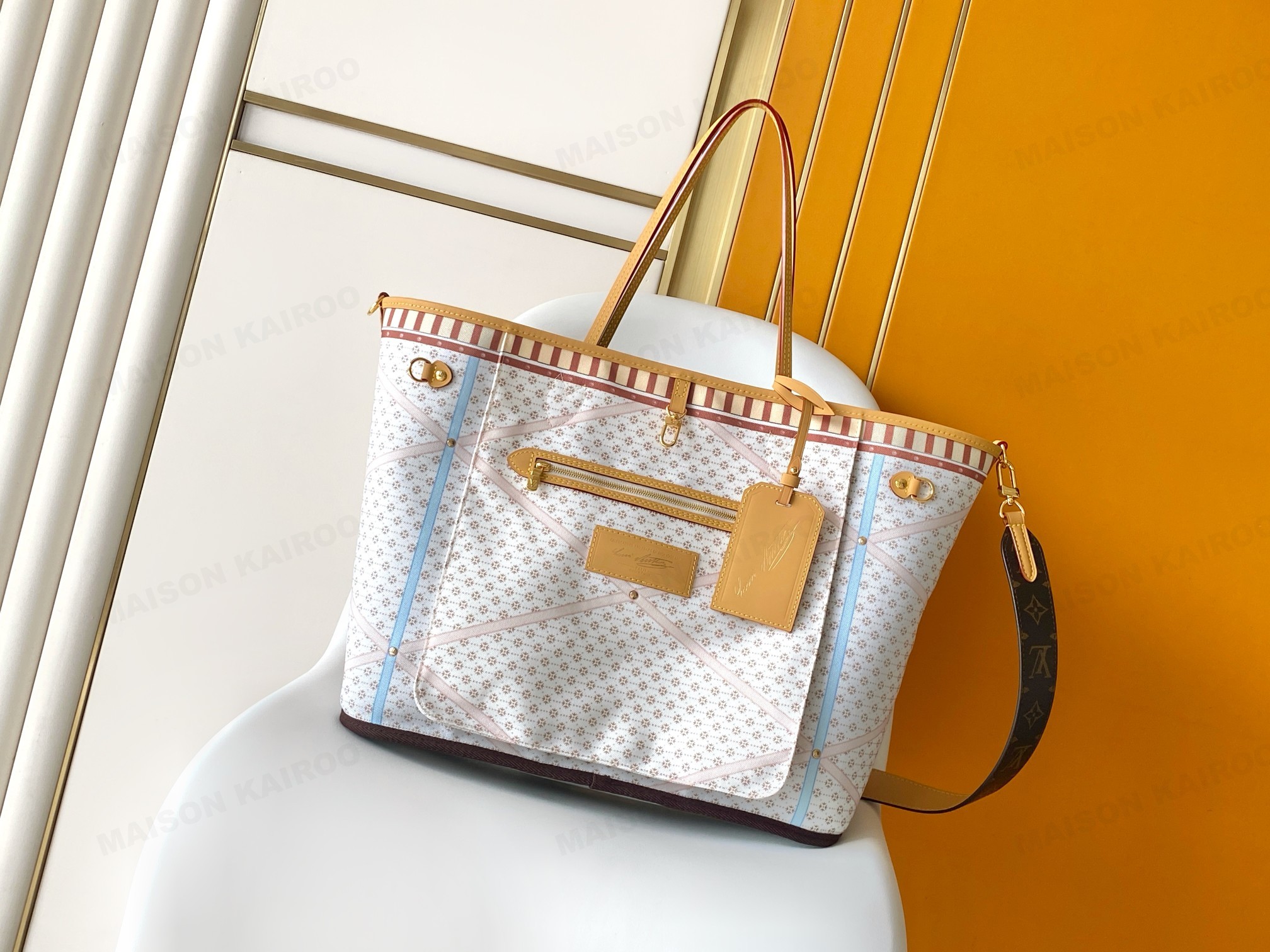 Louis Vuitton LV Neverfull Inside Out MM&GM Canvas Micro Diamond Grid Floral Print Strap Reversible Tote Bag - KAIROO