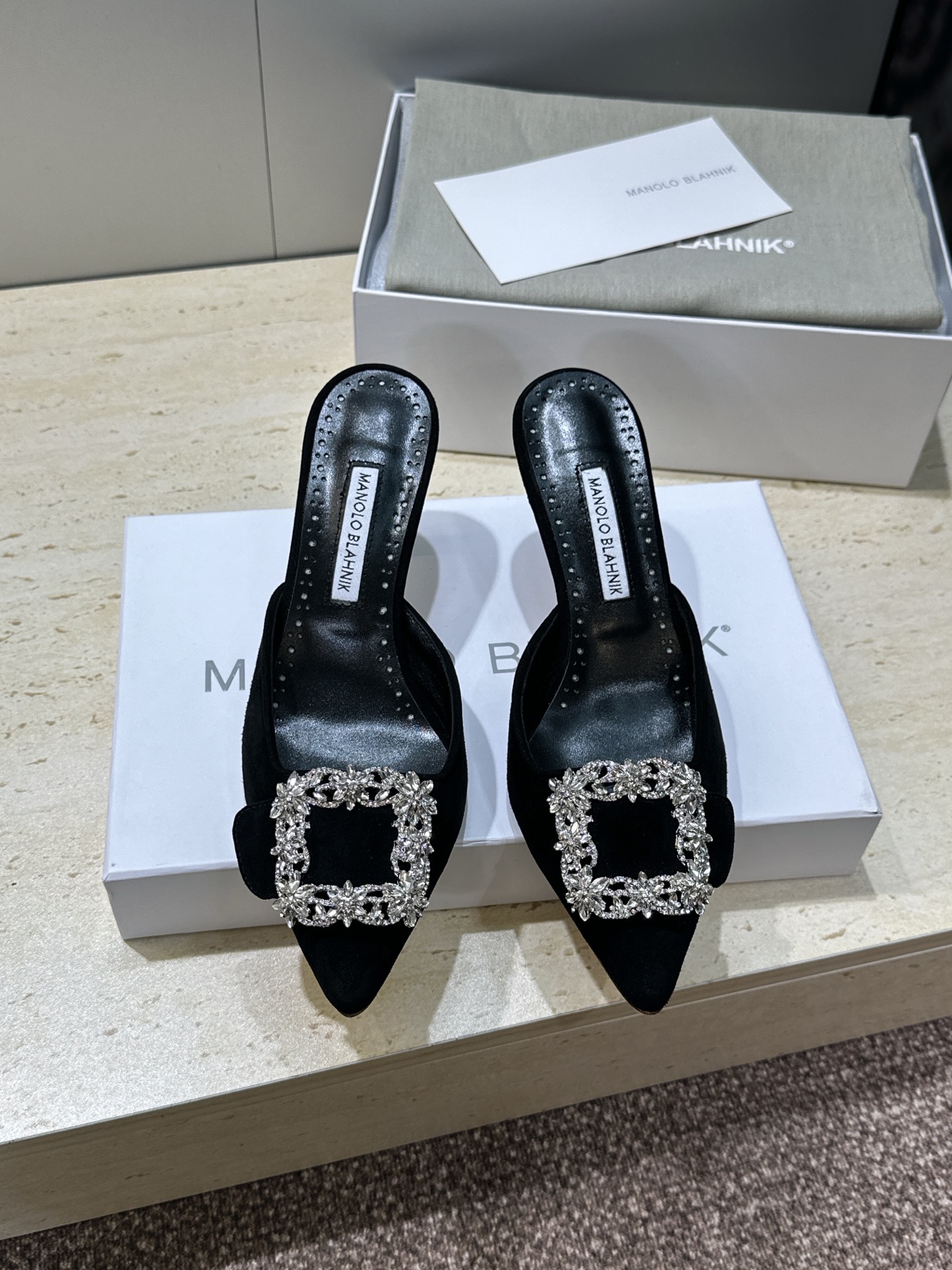 Manolo Blahnik Swarovski Crystal and Suede Heeled Slide