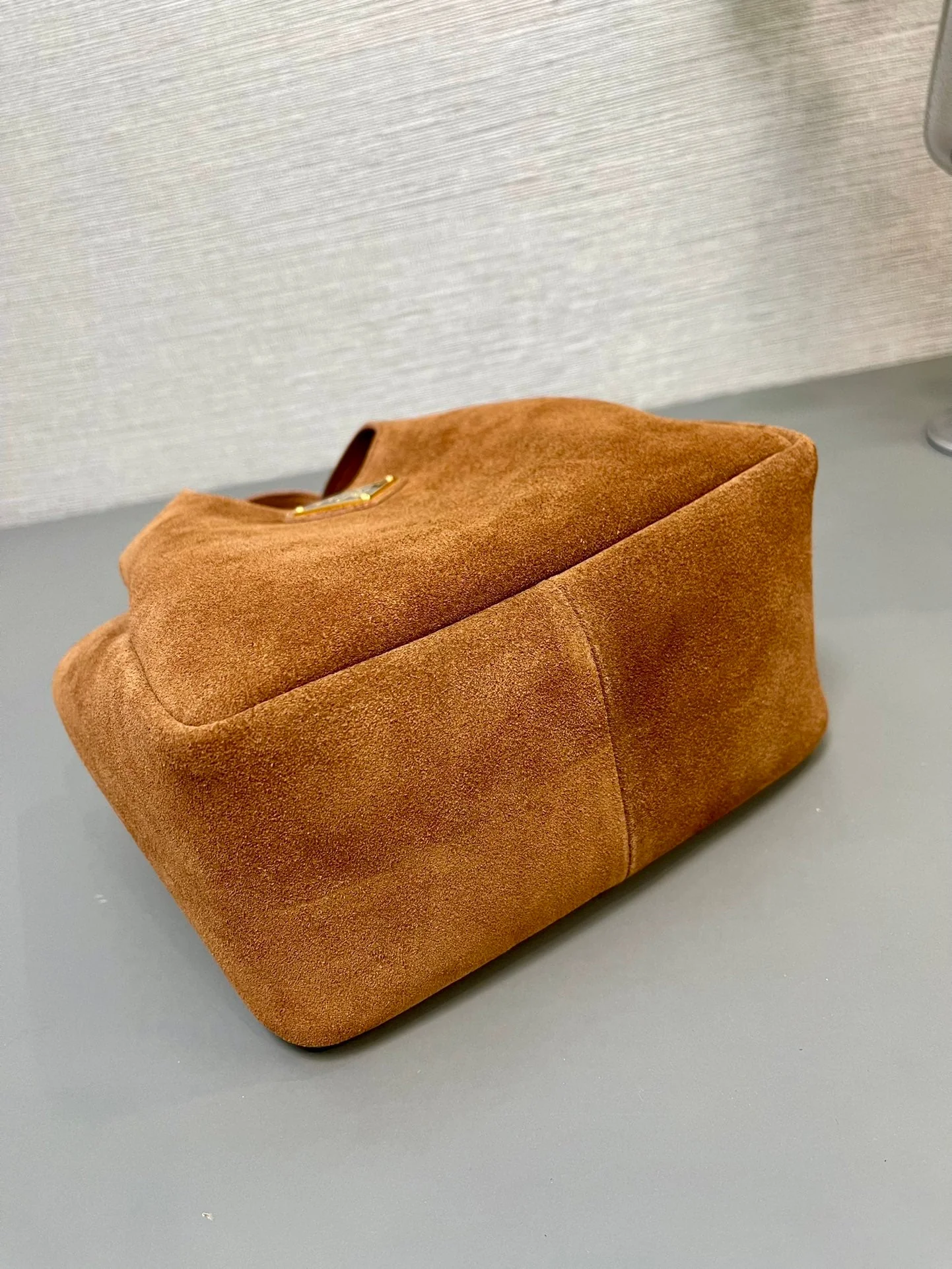 Prada  MINI TOTE BAG 18 IN RED BROWN SUEDE GOLD LOGO