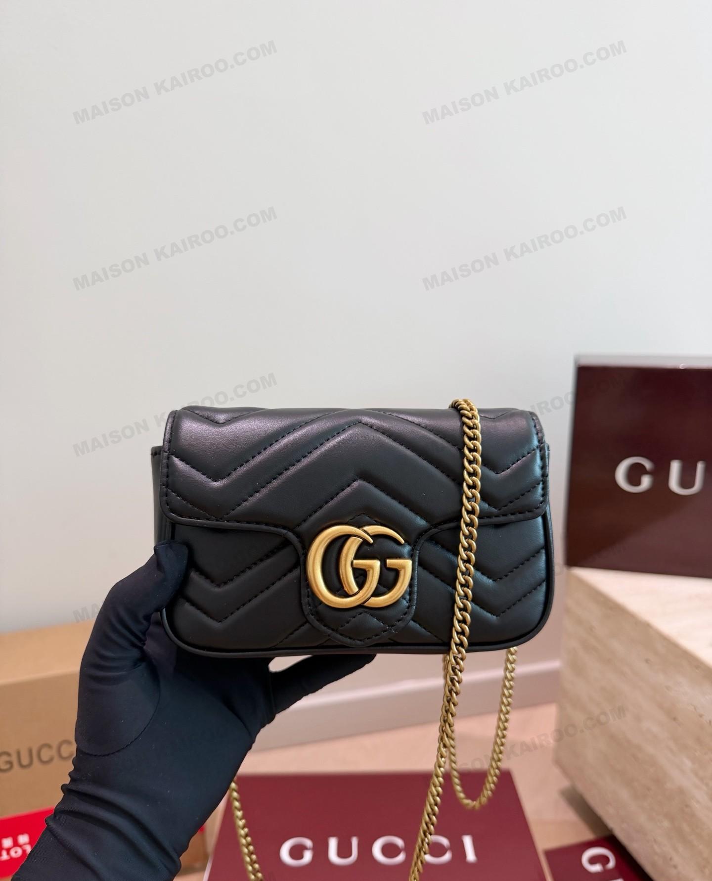 Gucci GG Marmont Matelasse Quilt Stitch XXS/XS/S Black Chevron Leather Flap Chain Shoulder Bag - KAIROO