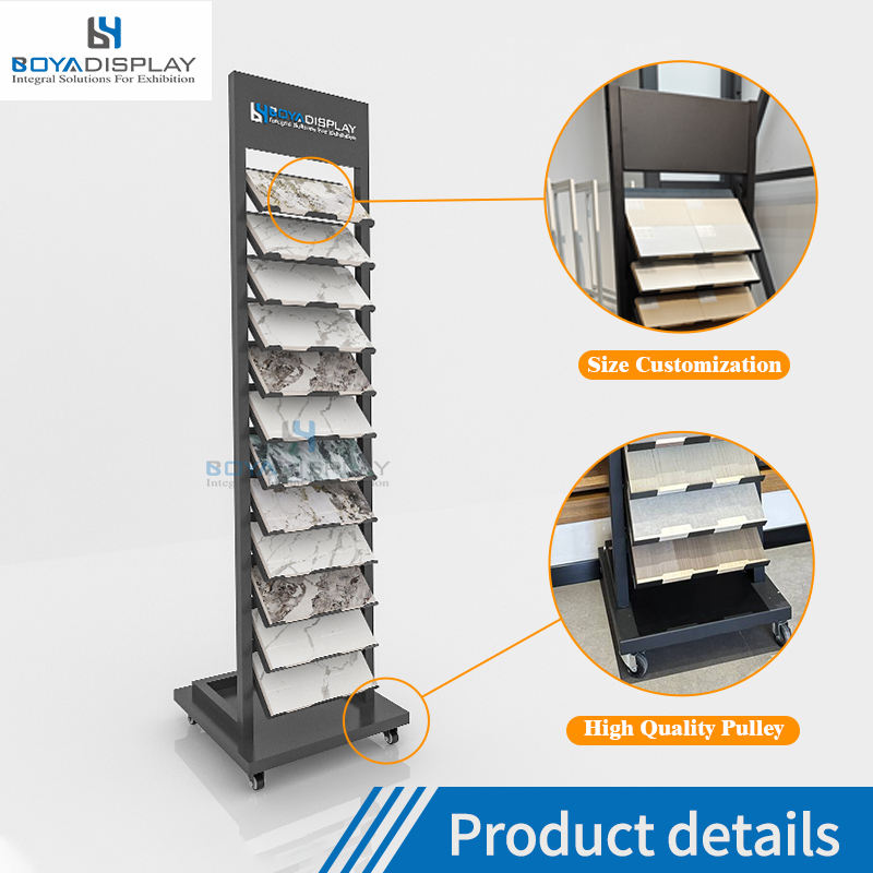 Hot Selling Customized Logo Size High-Quality Metal Material Quartz Sample Display Shelf Small Mosaic Tile Stand Rack With Wheel