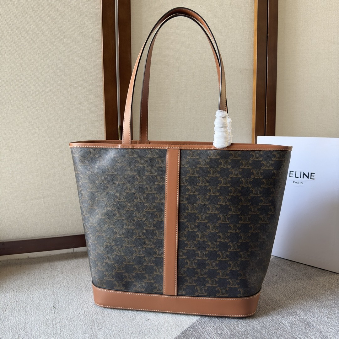 Celine Large Triomphe Monogram Canvas Leather Trim Spacious Horizontal Cabas Tote Bag - KAIROO