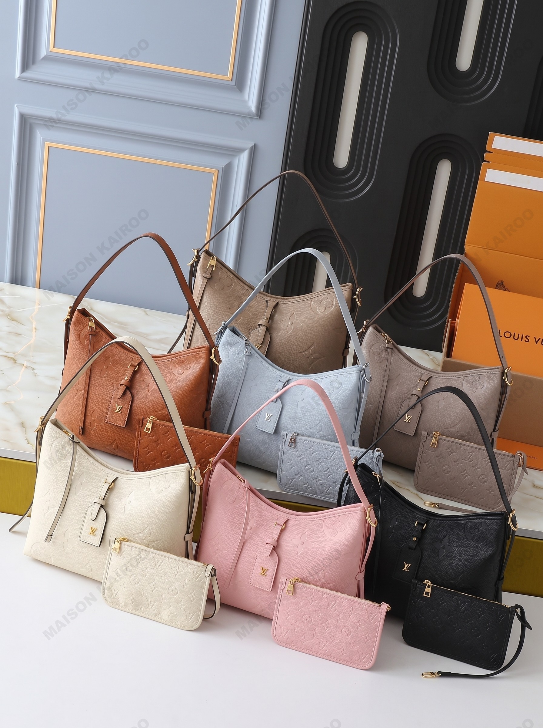 Louis Vuitton LV Carryall PM Solid Tone Monogram Empreinte Leather Hobo Tote Shoulder Bag With Pouch - KAIROO