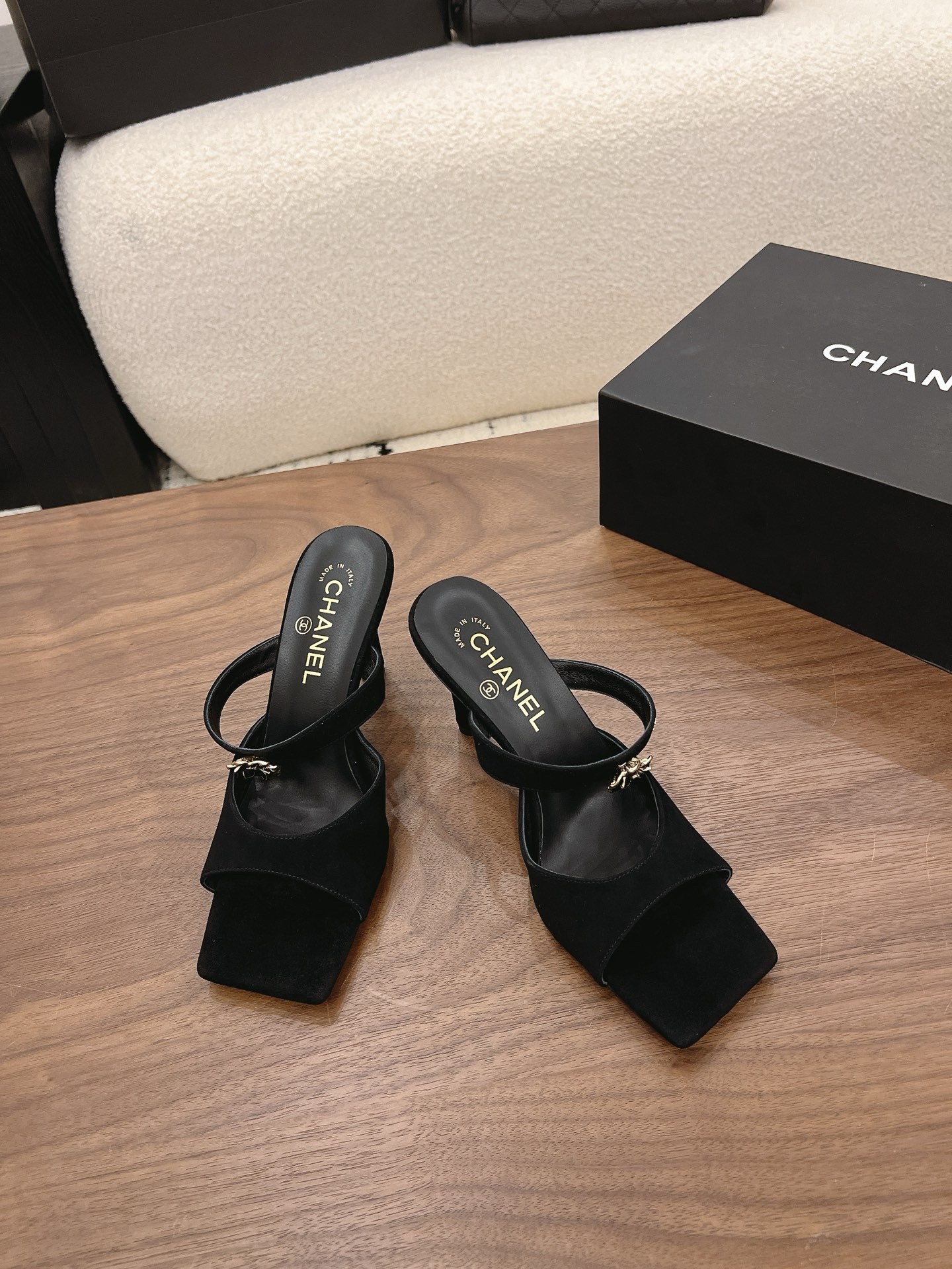 Chanel 26K Black Camellia Buckle Suede Leather Square Toe Sandals Mules Heels - KAIROO
