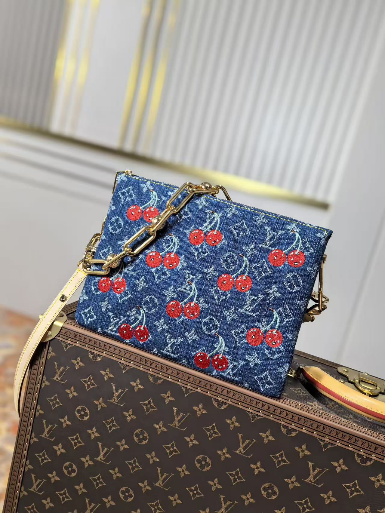 Louis Vuitton LV new denim cherry embroidery chain bag