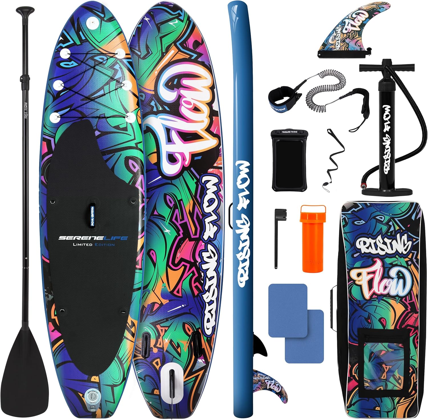 SereneLife Inflatable Stand Up Paddle Board - Wide Stable Design, Non-Slip Deck for Adults & Youth with Premium Paddle Board Accessories: Carry Bag, Dual Action Pump, Paddle, Ankle Leash