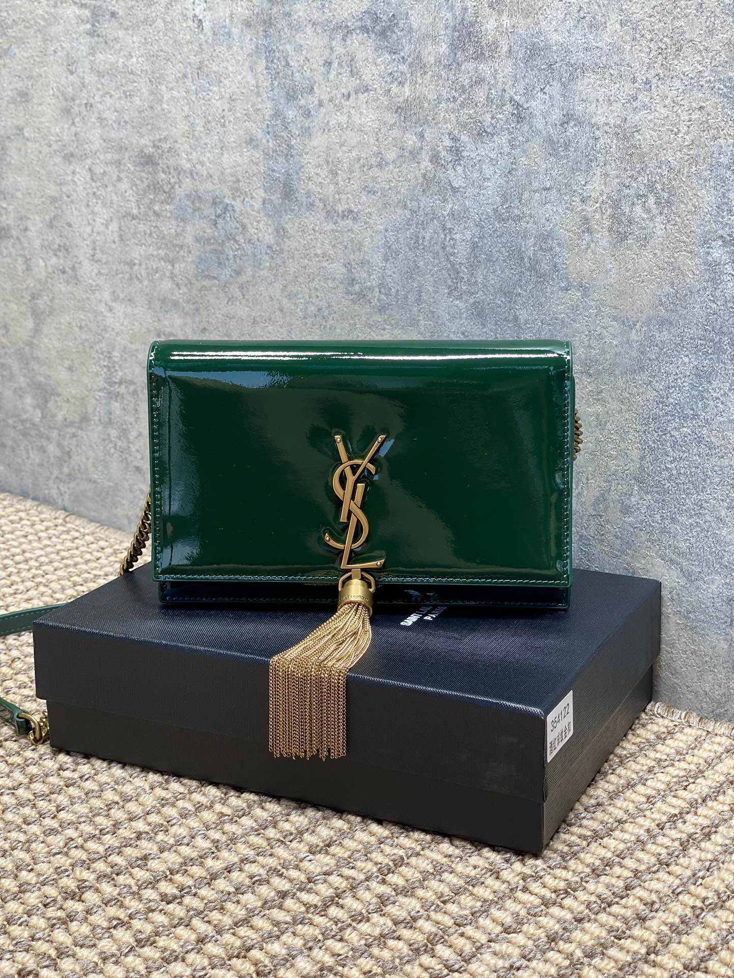 Saint Laurent Emerald Green Patent Leather Chain Shoulder Bag with Gold Tassel - KAIROO