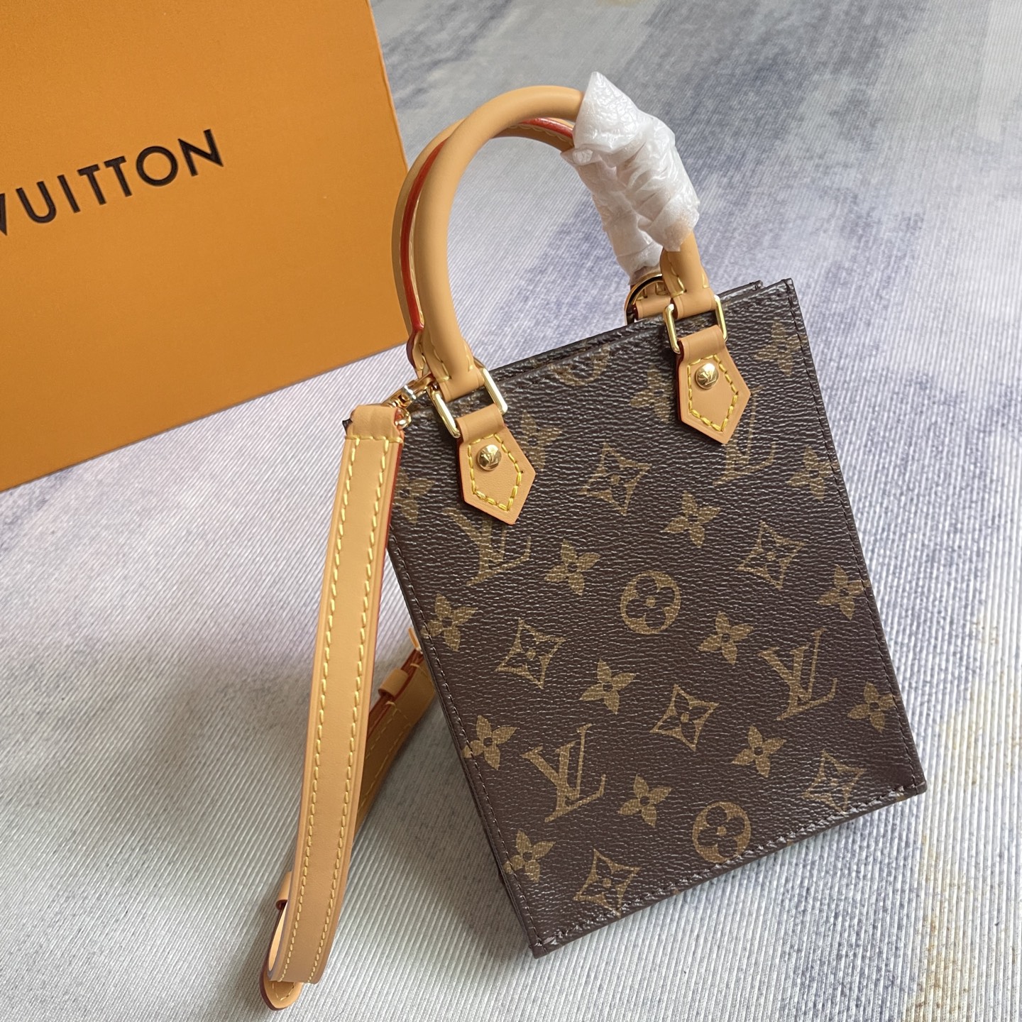 Louis Vuitton LV Petit Sac Plat Mini Brown Monogram Canvas Leather Vertical Crossbody Tote Bag - KAIROO