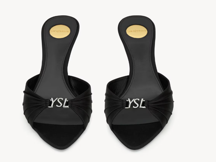Saint Laurent Black Jerry Mules in Satin and Rhinestones