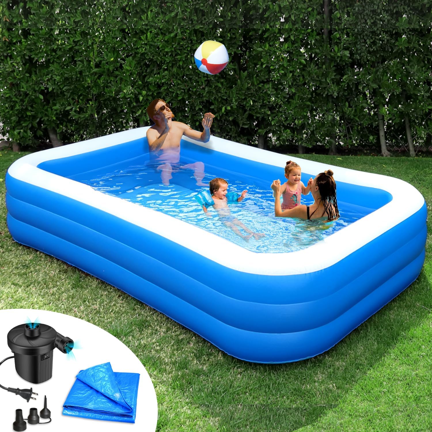 Rukala Inflatable Pool Bundle - 10ft x 6ft - Electric Pump and Ground Tarp Included - Fast Setup and Reinforced Seams