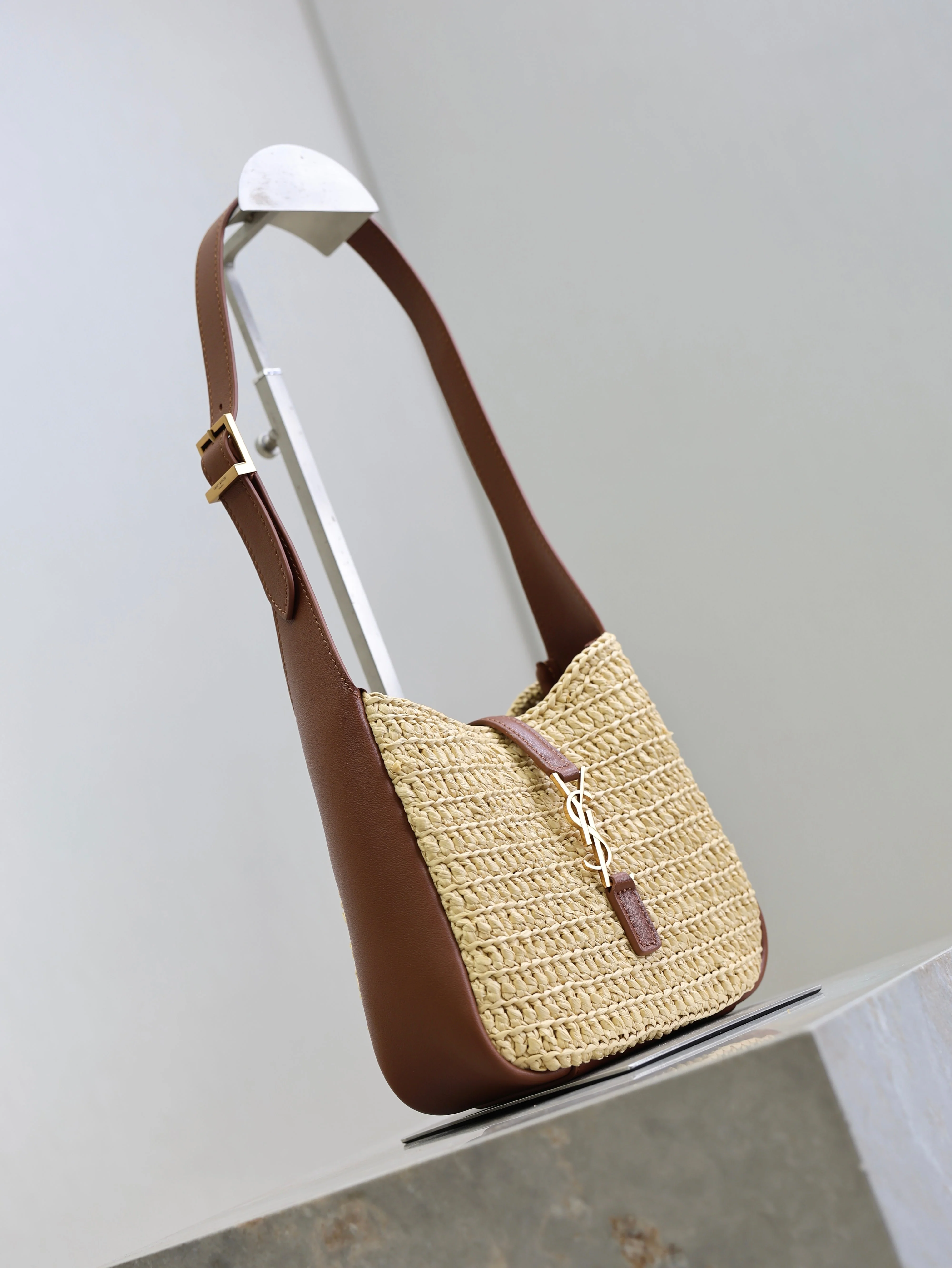 Saint Laurent YSL LE 5A7 Mini 15cm Brown Beige Raffia Leather GHW