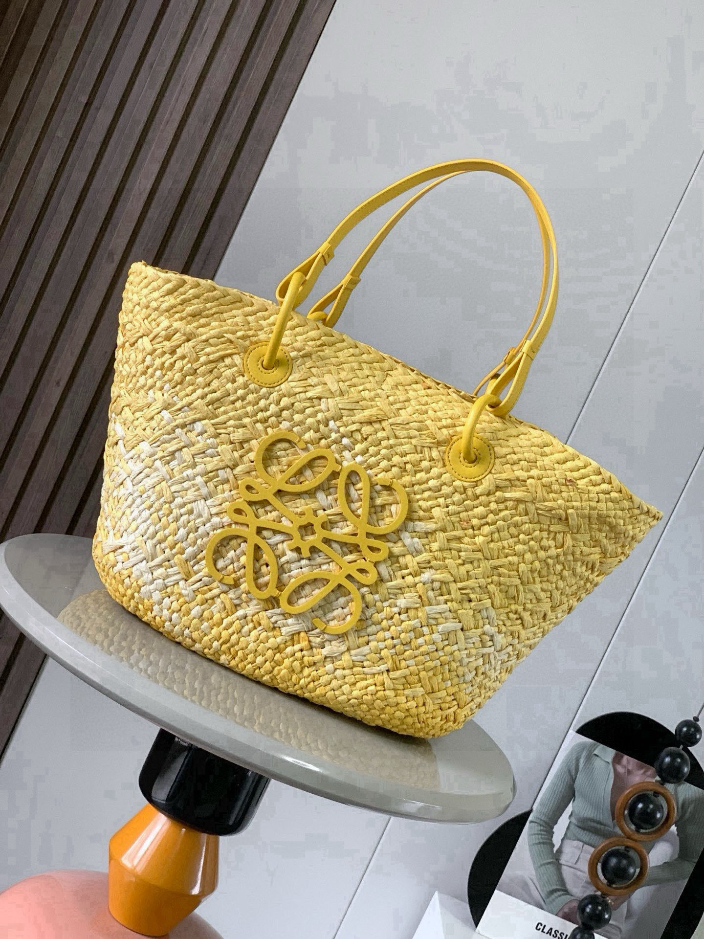 Loewe Paula's Ibiza Medium Yellow Woven Anagram Logo Raffia Straw Basket Tote Bags - KAIROO