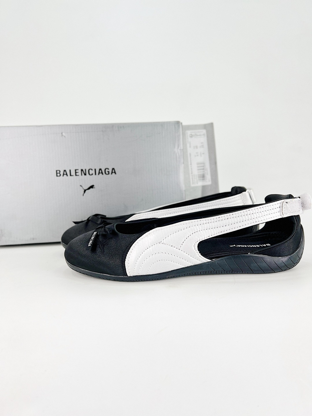Balenciaga x Puma Panda Speedcat Round Toe Distressed Satin Bow Elasticated Hook Ballet Flats - KAIROO