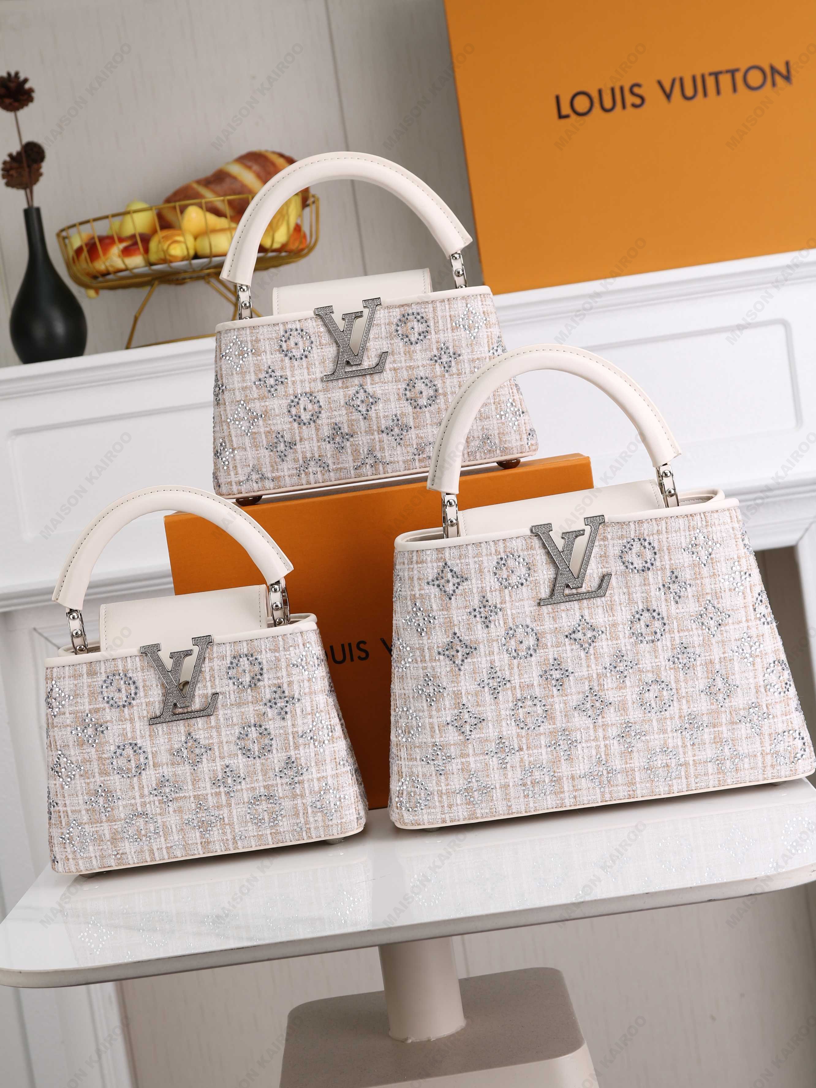 Louis Vuitton LV Capucines BB/Mini/East West Beige Tweed Logo Crystal Monogram Leather Top Handle Bag - KAIROO