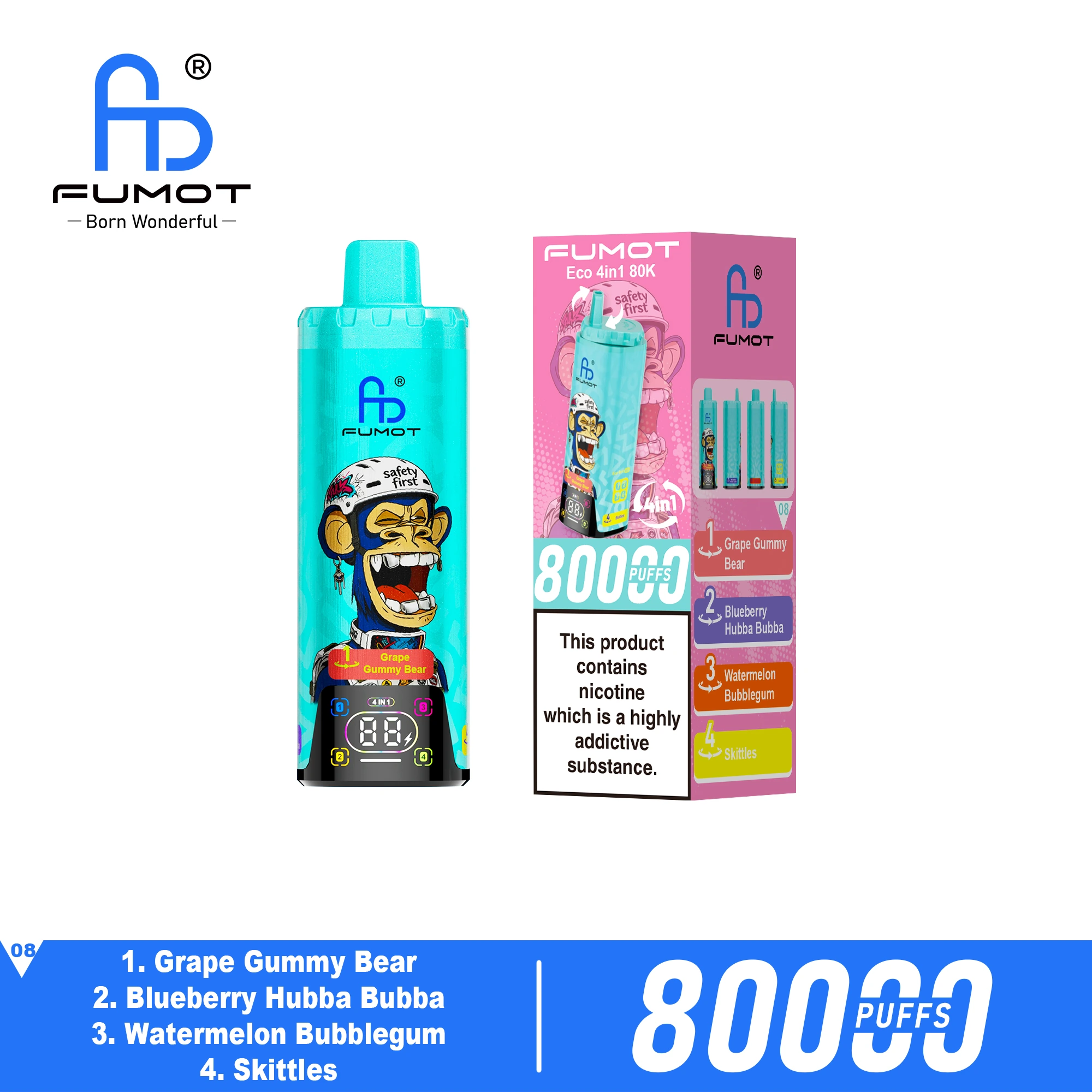 FUMOT 80K 4in1-Grape Gummy Bear&Blueberry Hubba Bubba&Watermelon Bubblegum&Skittles - Vaba Vape-Shop