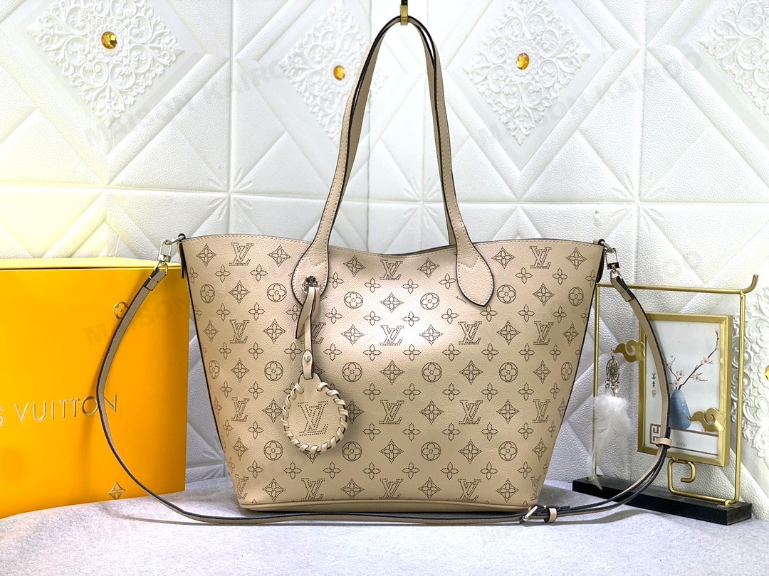 Louis Vuitton LV Mahina Blossom PM&MM Taupe Dense Perforated Monogram Leather Basket Handle Tote Bag - KAIROO