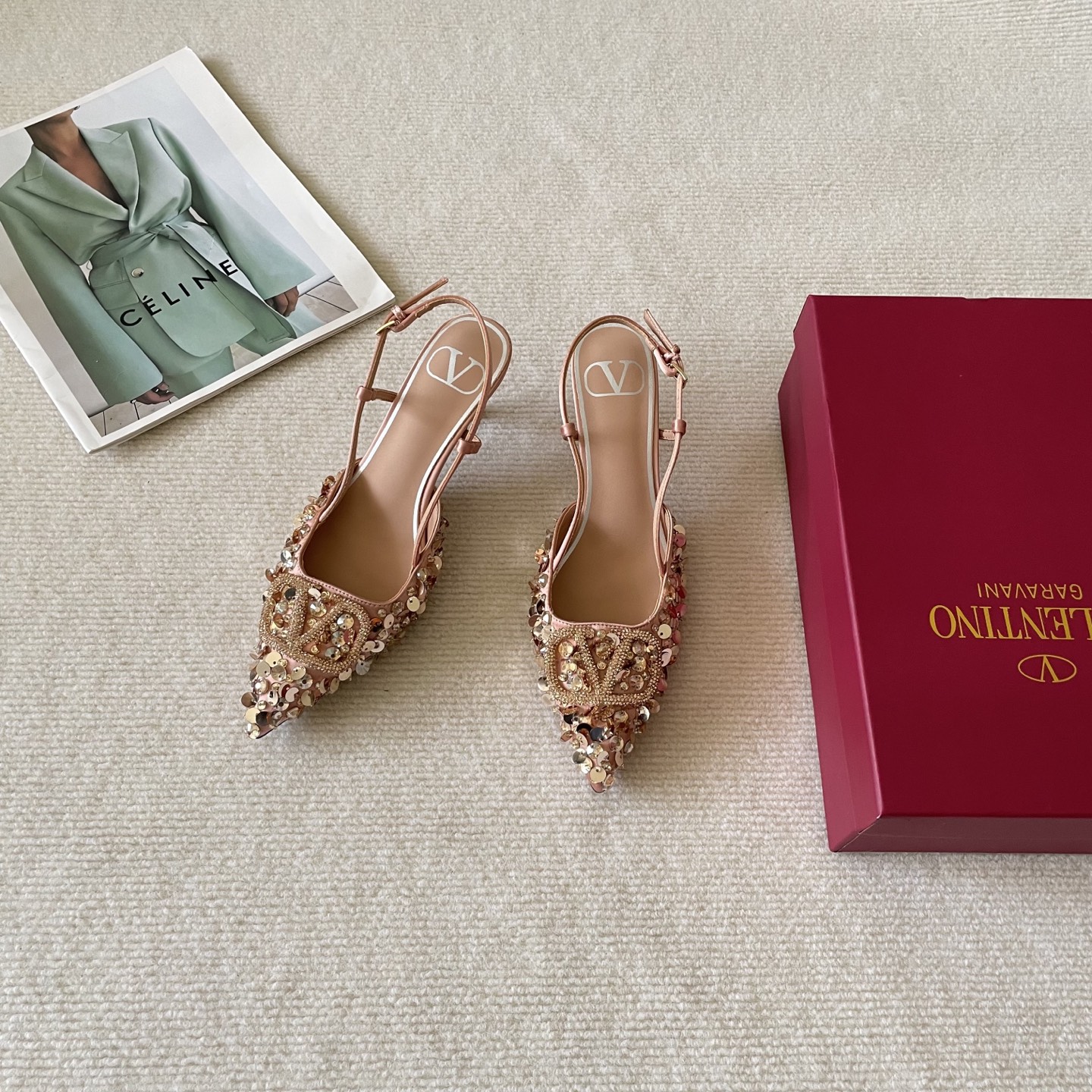 Valentino Garavani VLogo Rose Gold Pointed Toe Sequin Embroidered Leather Slingback Pumps Heels - KAIROO