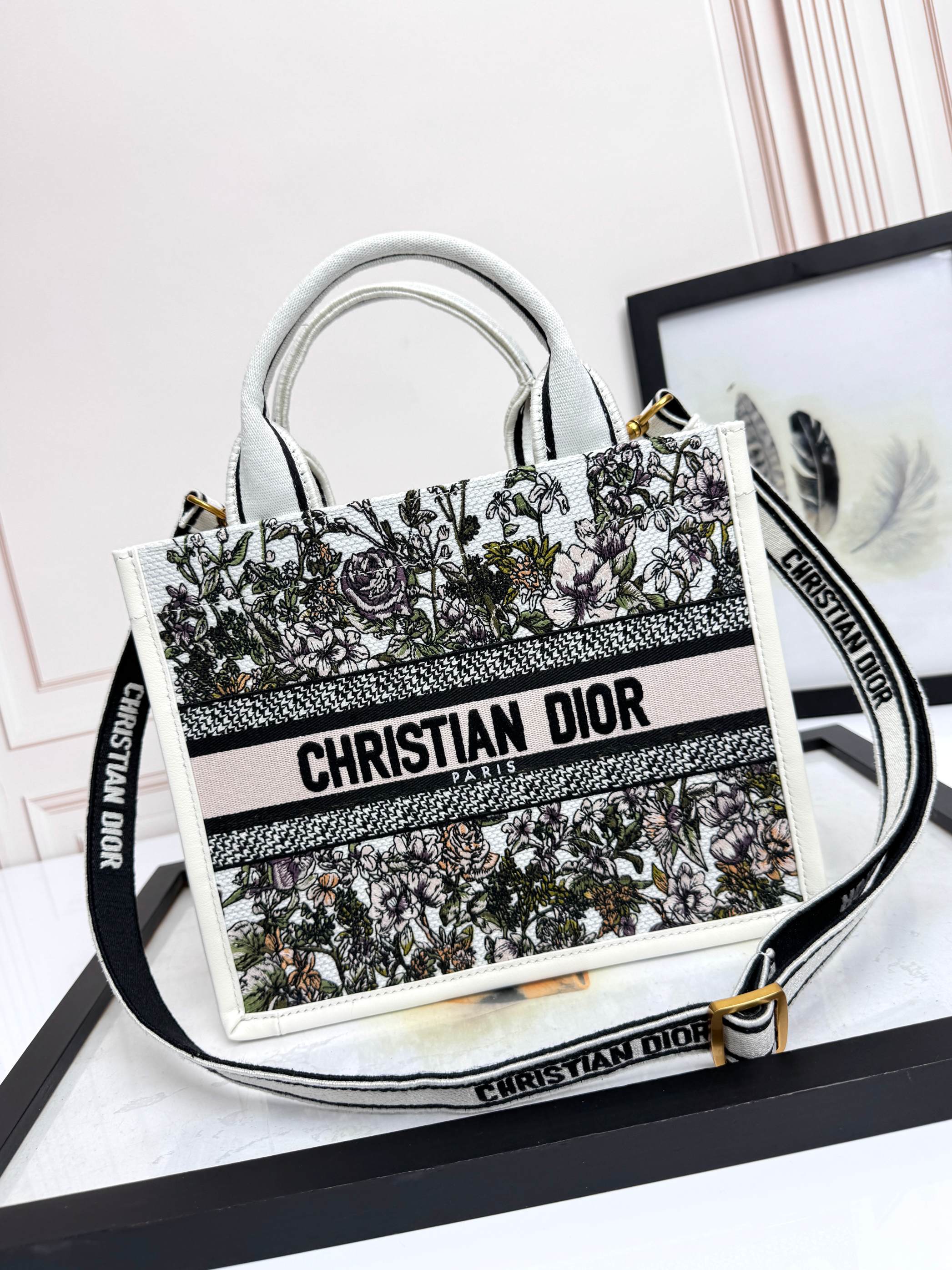 Dior Embroidered Canvas Small  Book Tote with shoulder strap
