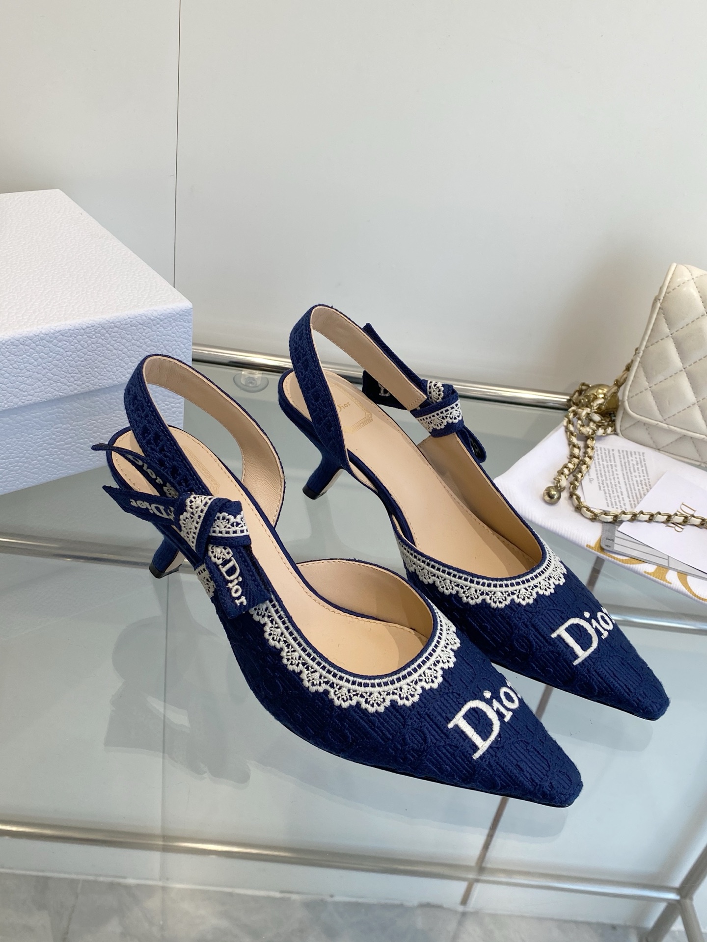Dior J'Adior Navy Oblique Denim Lace Ribbon Embroidered Logo Bow Lambskin Lining Slingback Heels Sandals - KAIROO