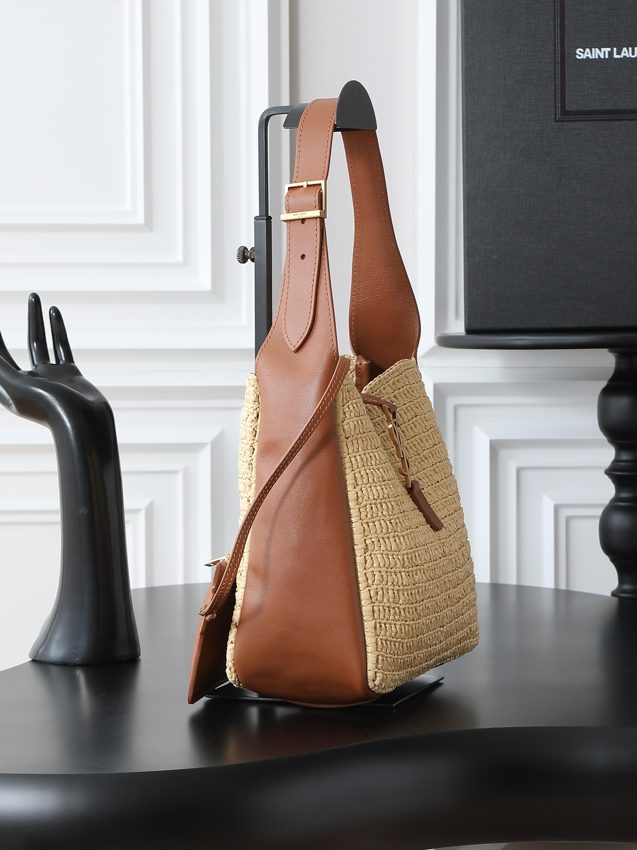 Saint Laurent YSL Le 5 à 7 Woven Raffia Leather Cowhide Trim Hobo Shoulder Bag With Zip Pouch /10A - KAIROO