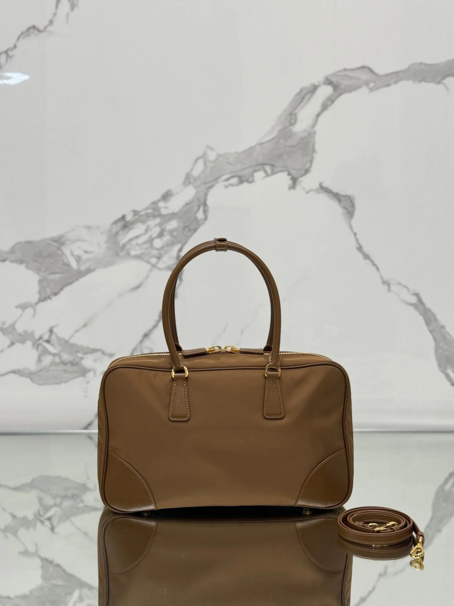 Prada LARGE TOP HANDLE BAG 35 IN CHERRY WOOD NYLON AND CALFSKIN TRIM