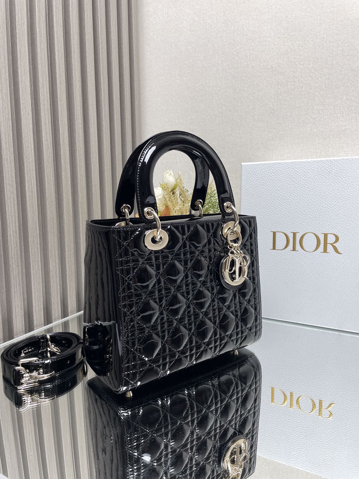 Medium Lady Dior Bag in Black Patent Cannage Leather